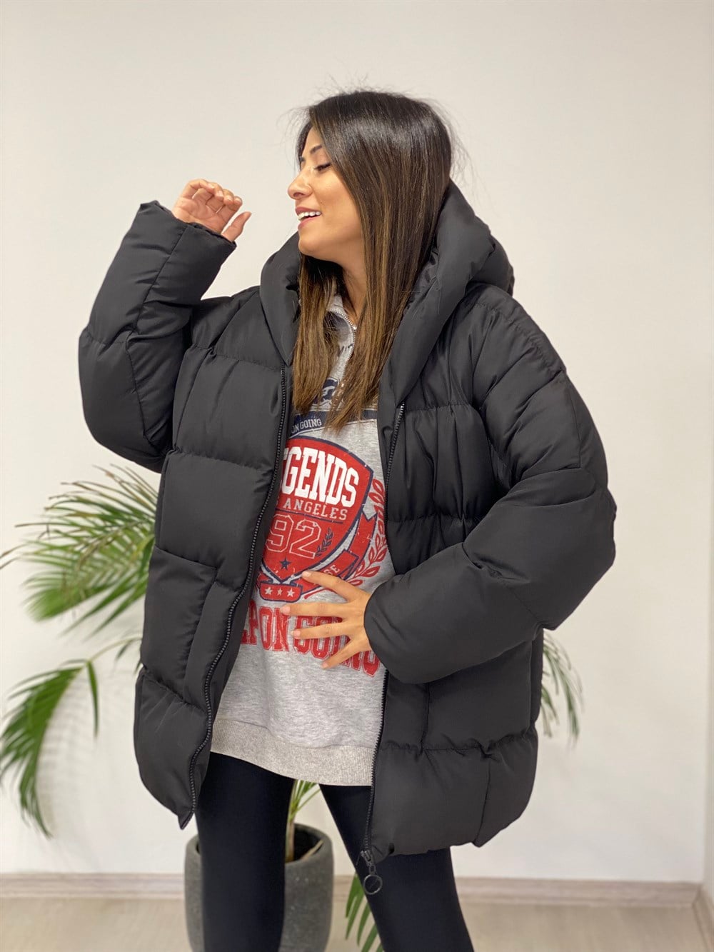 Siyah Puffer Oversize  Kadın Mont