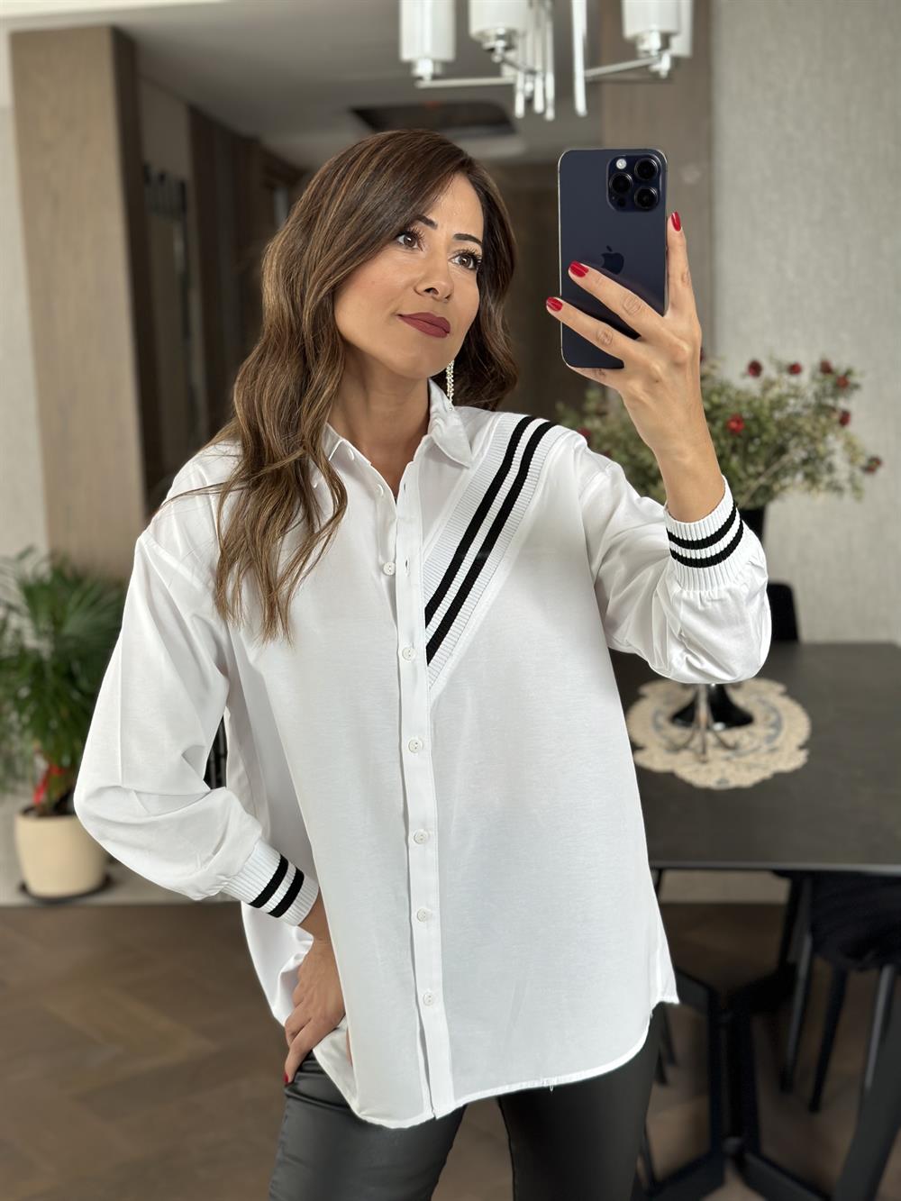 Siyah Ribanalı Poplin Kadın Gömlek