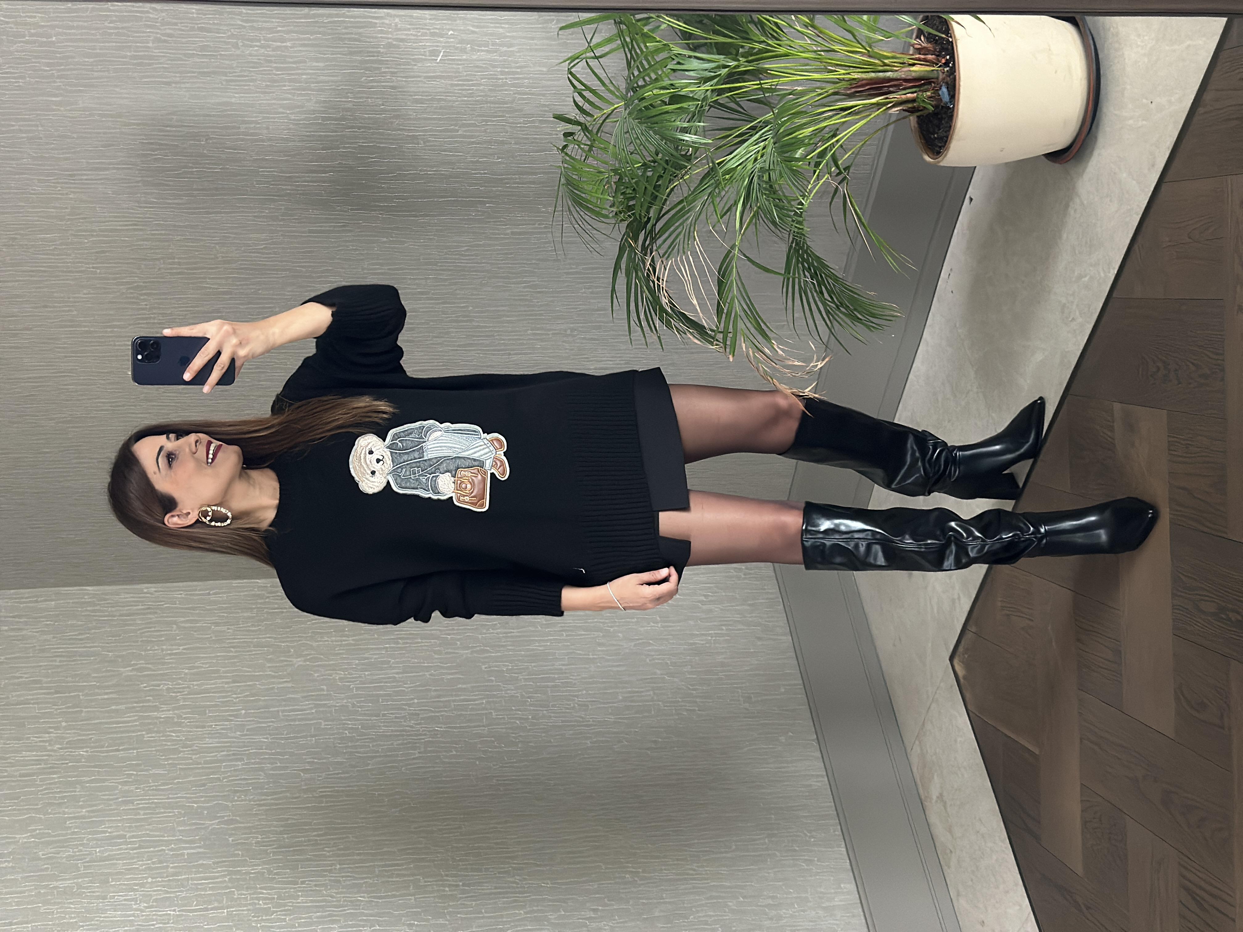 Siyah RL Model Bisiklet Yaka Önü Ayıcık Nakışlı Kadın Triko Kazak