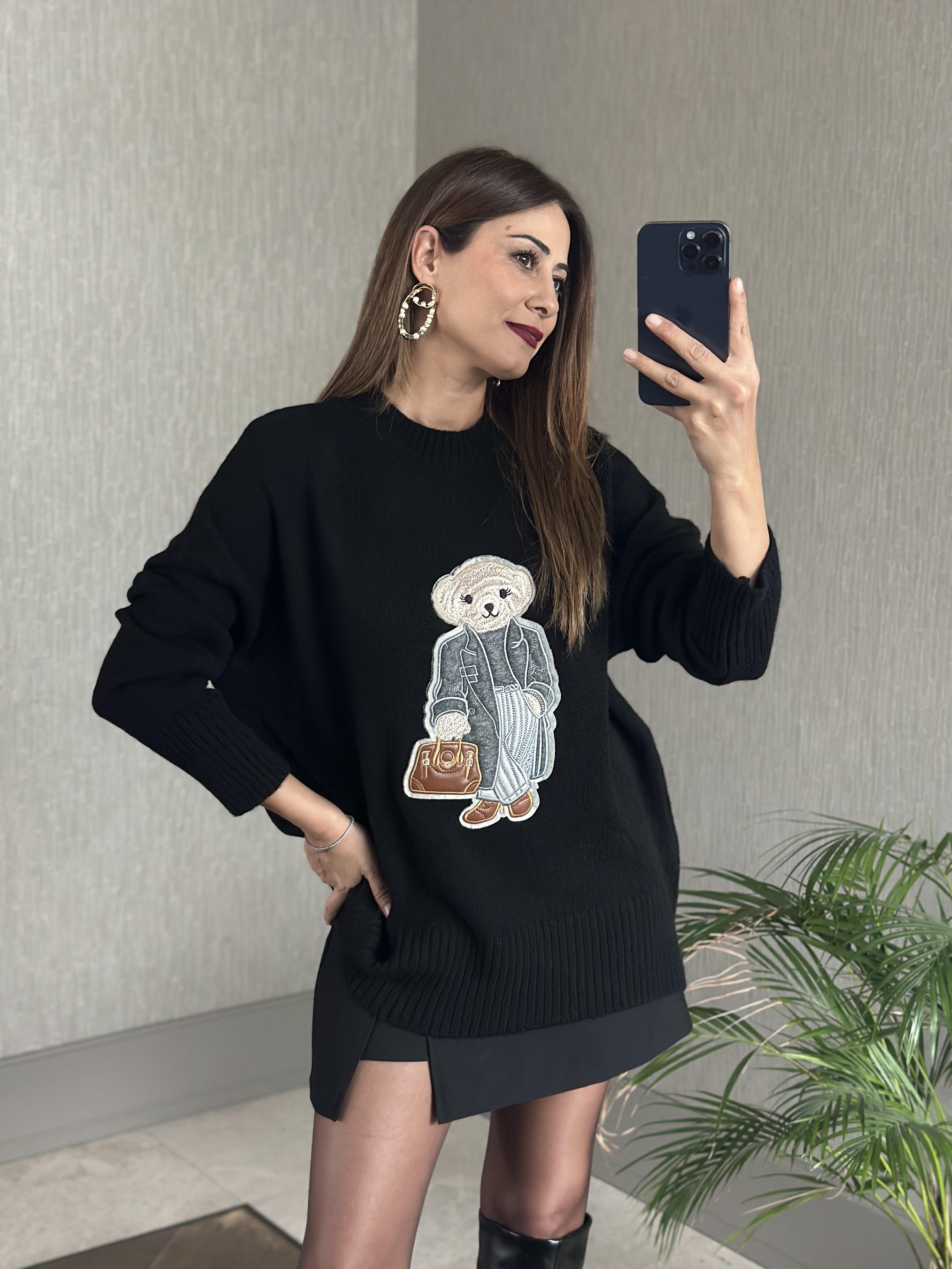 Siyah RL Model Bisiklet Yaka Önü Ayıcık Nakışlı Kadın Triko Kazak