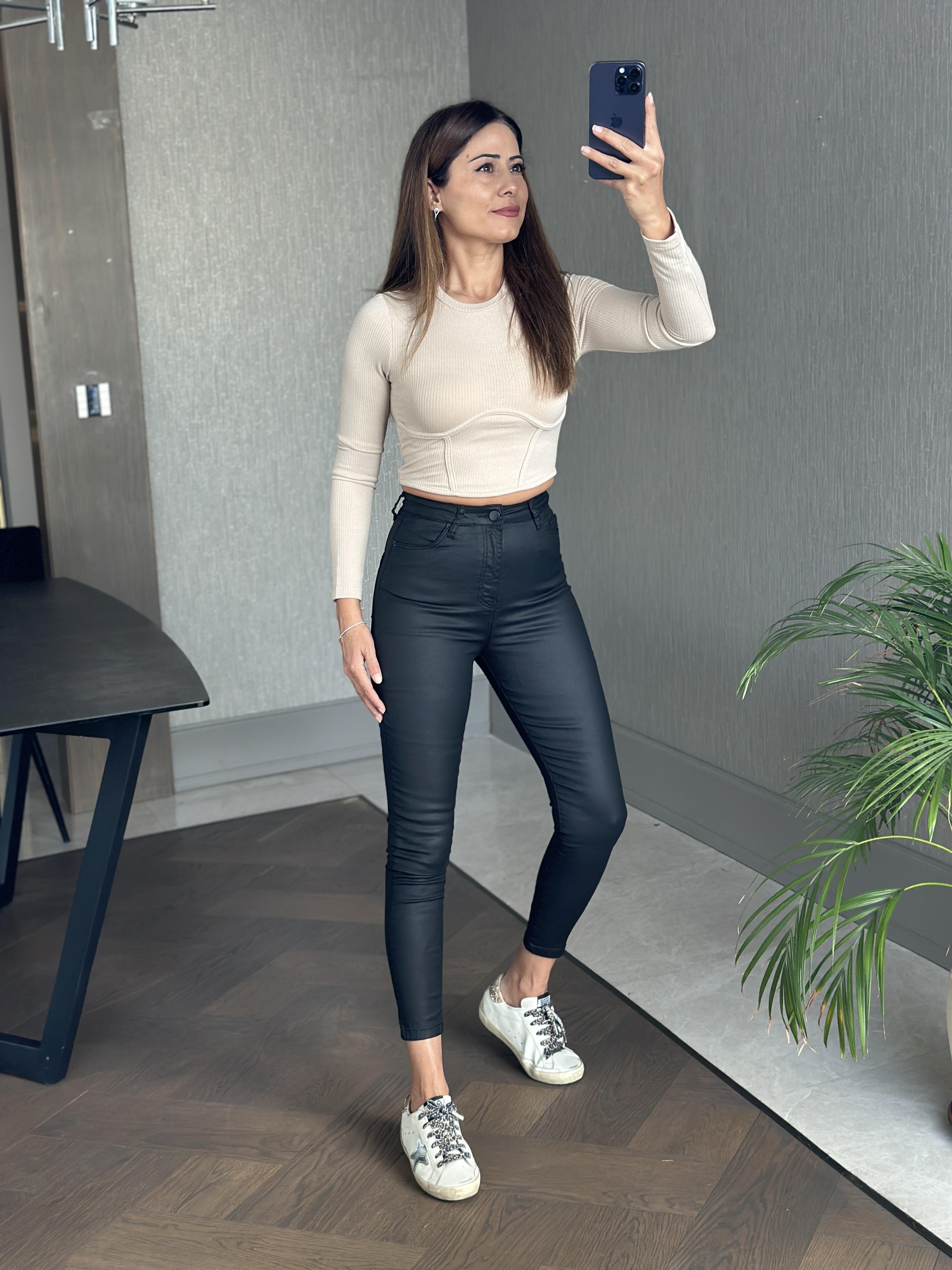 Siyah Samyeli Mum Kaplamalı Skinny Kadın Jean Pantolon