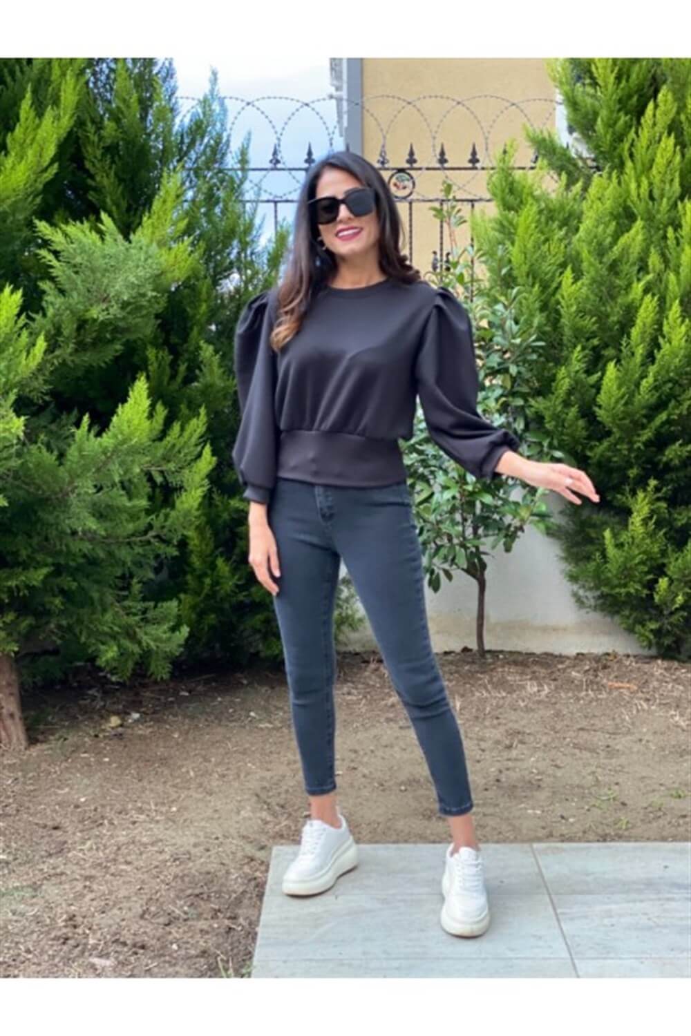 Siyah Scuba Prenses Kol Sweatshirt