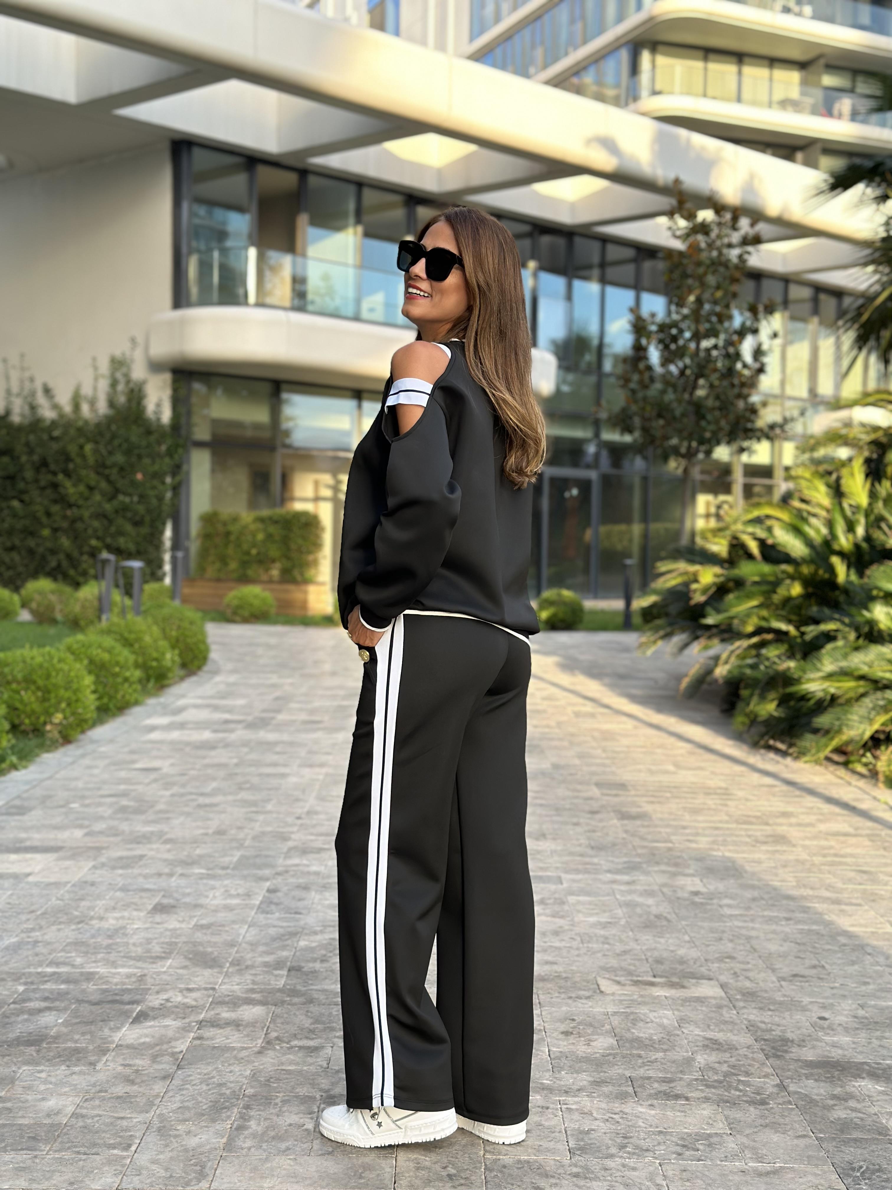 Siyah Scuba Şeritli Düğme Detay Kadın İkili Takım