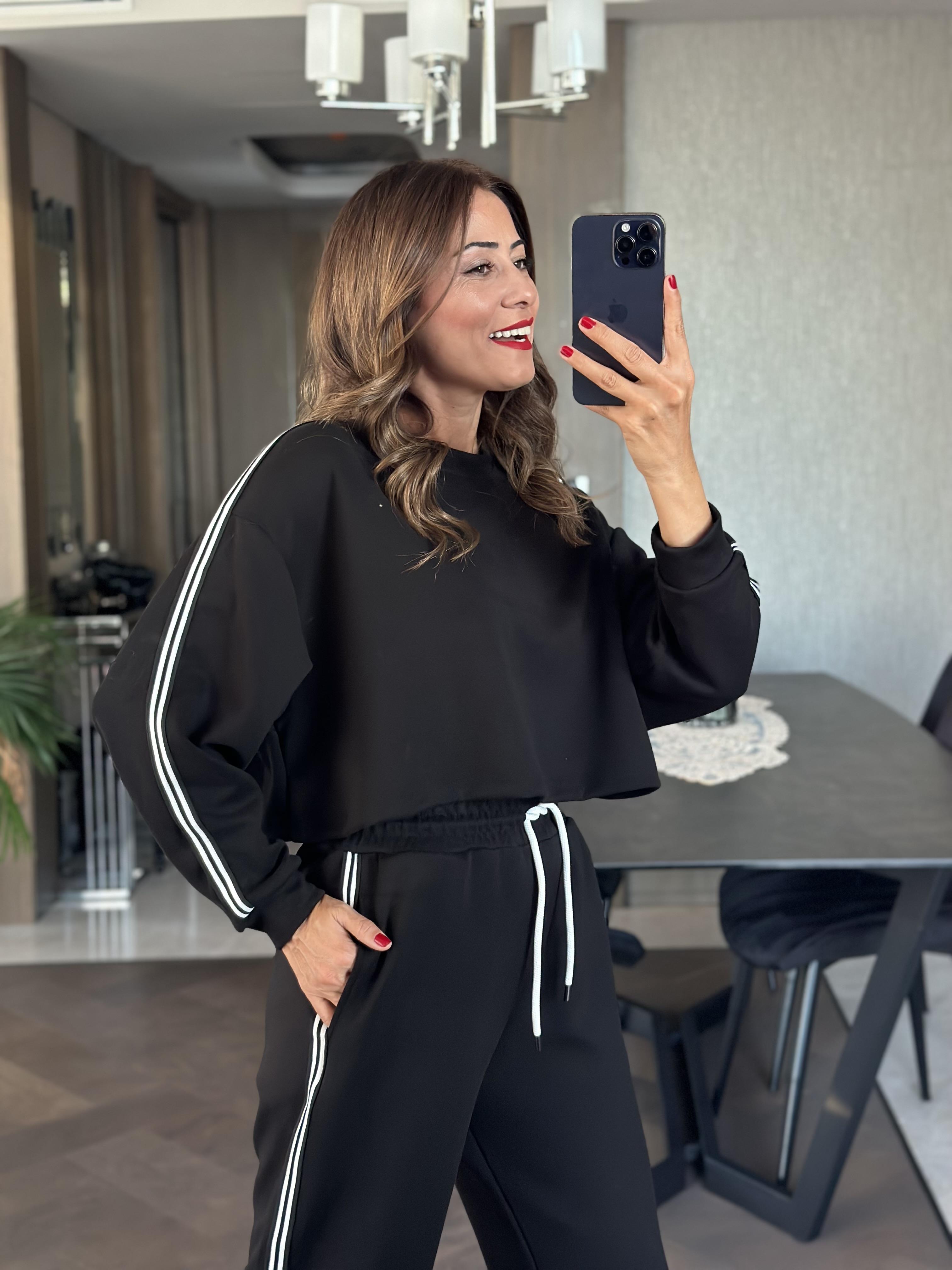 Siyah Şeritli Modal Crop Sweat Pantolon  Kadın İkili Takım