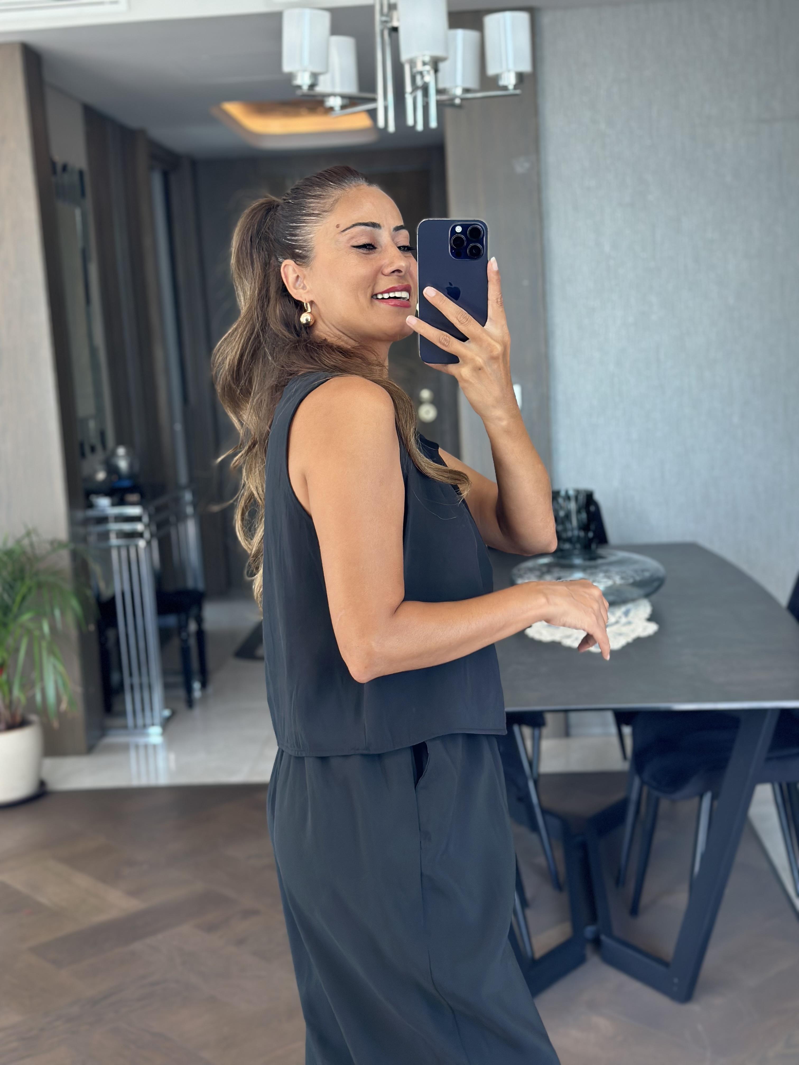 Siyah Sıfır Kol Bluz Pantolon Tnsel Alt Üst Takım