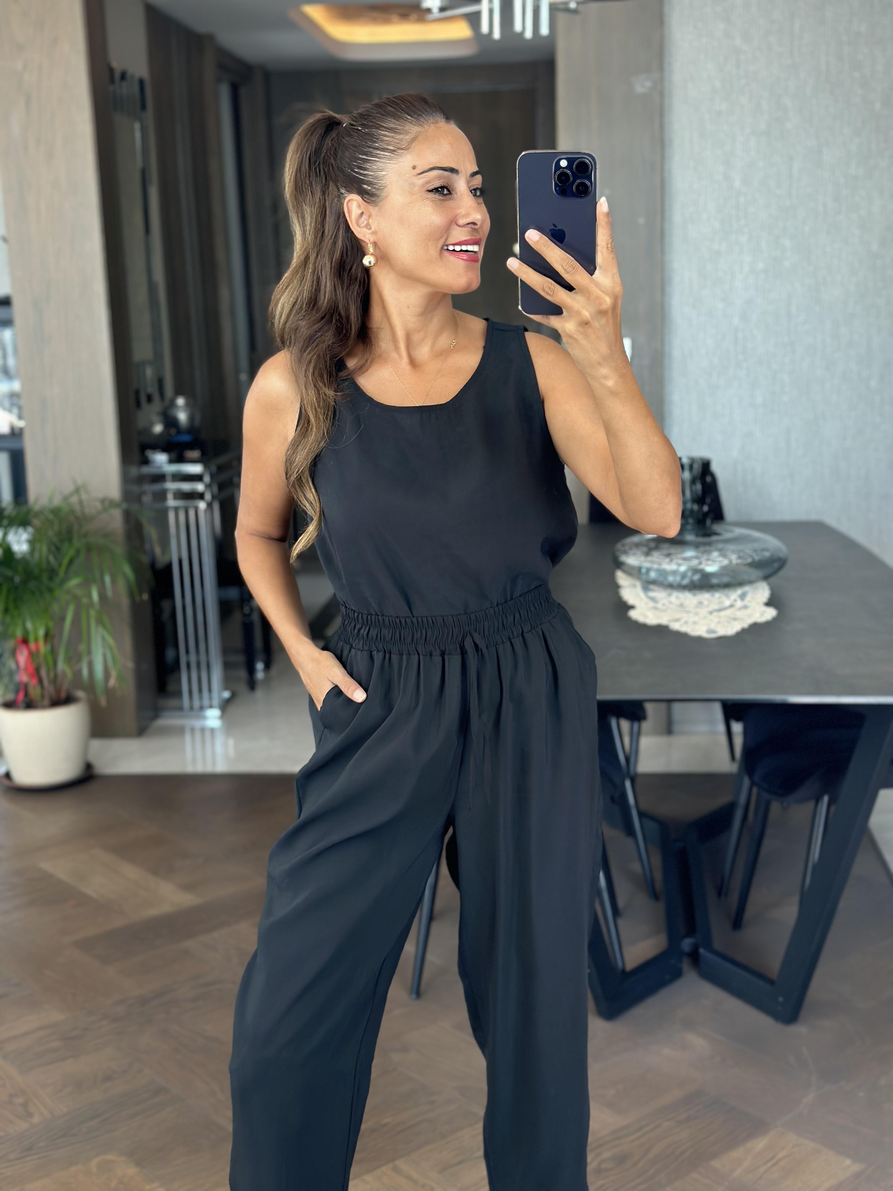 Siyah Sıfır Kol Bluz Pantolon Tnsel Alt Üst Takım