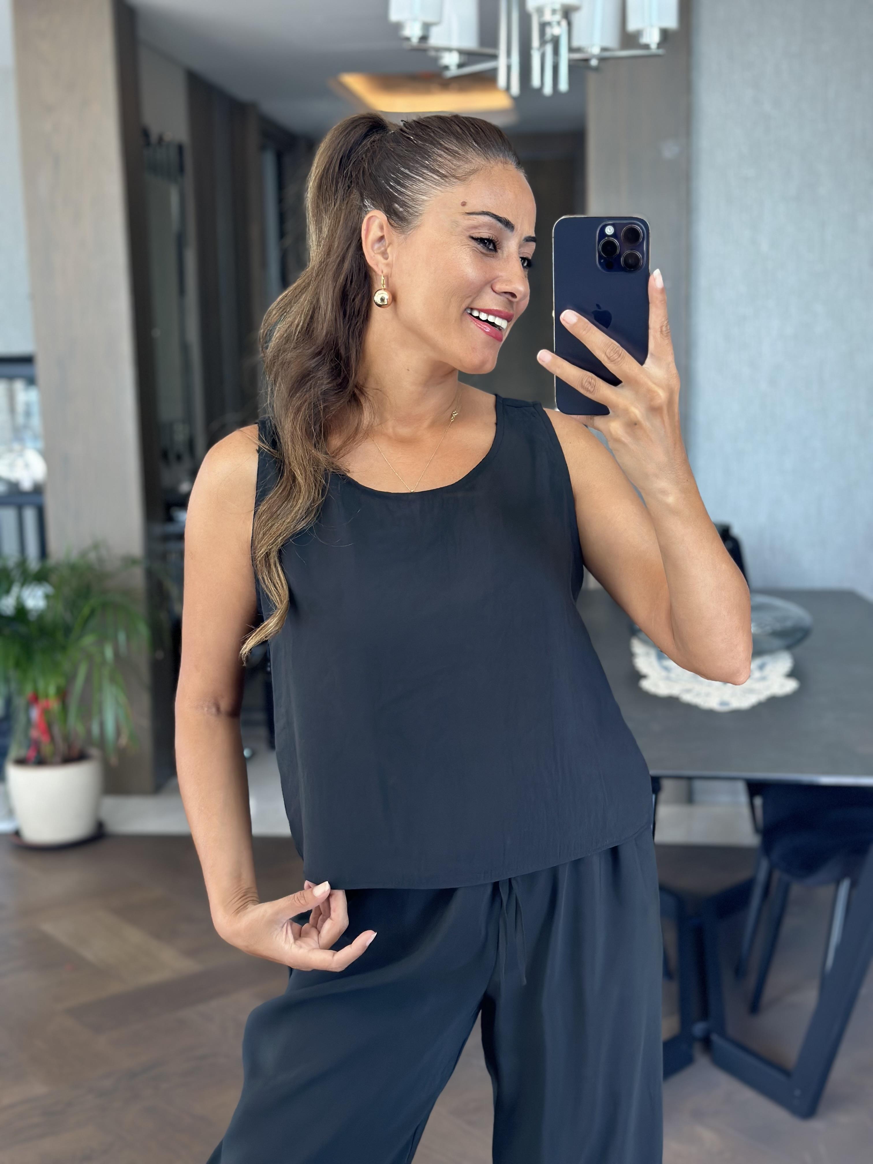 Siyah Sıfır Kol Bluz Pantolon Tnsel Alt Üst Takım