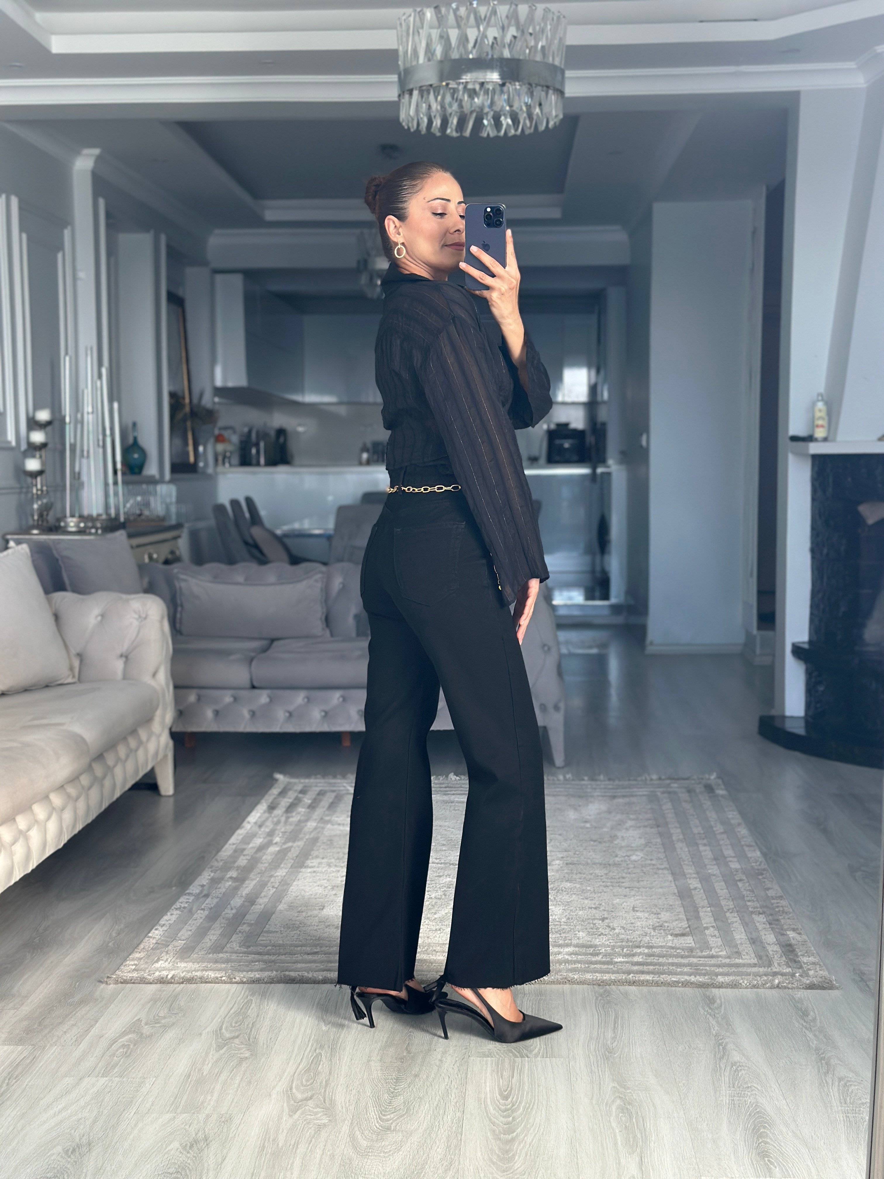 Siyah Sim Çizgili Yandan Bağlamalı Kadın Bluz