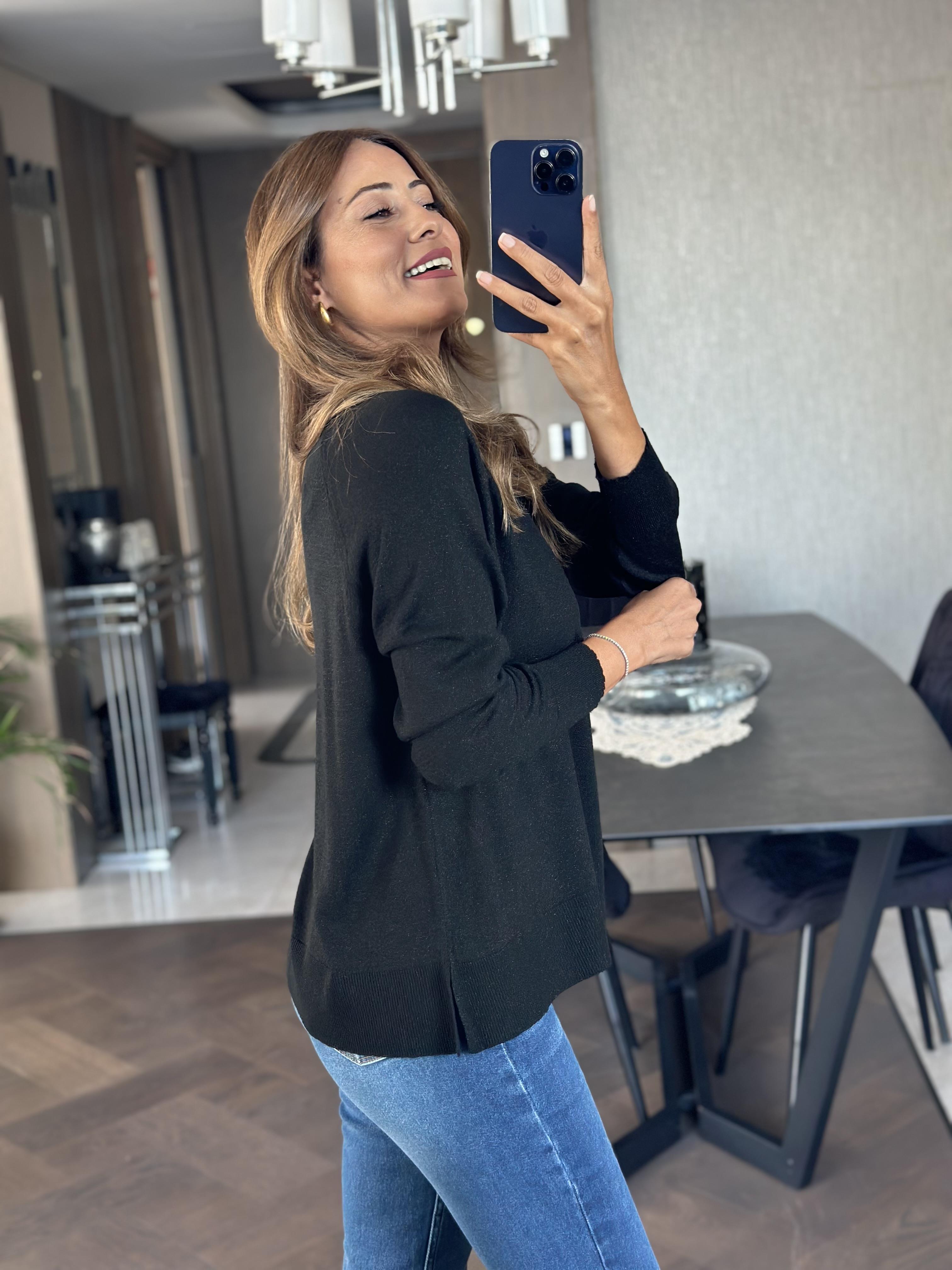 Siyah Simli Bisiklet Yaka Uzun Kol Dilvn Merserize Kadın Bluz