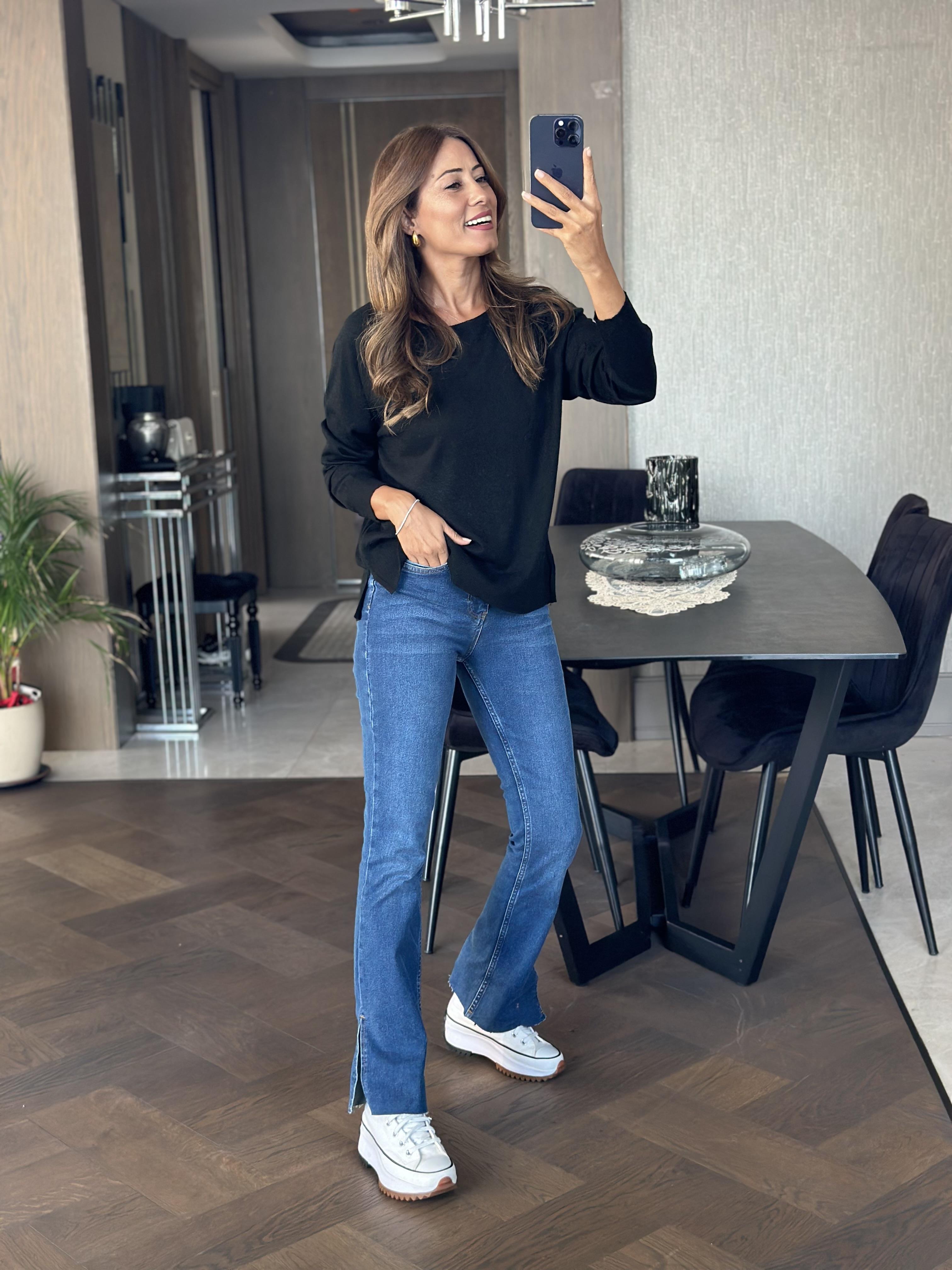 Siyah Simli Bisiklet Yaka Uzun Kol Dilvn Merserize Kadın Bluz