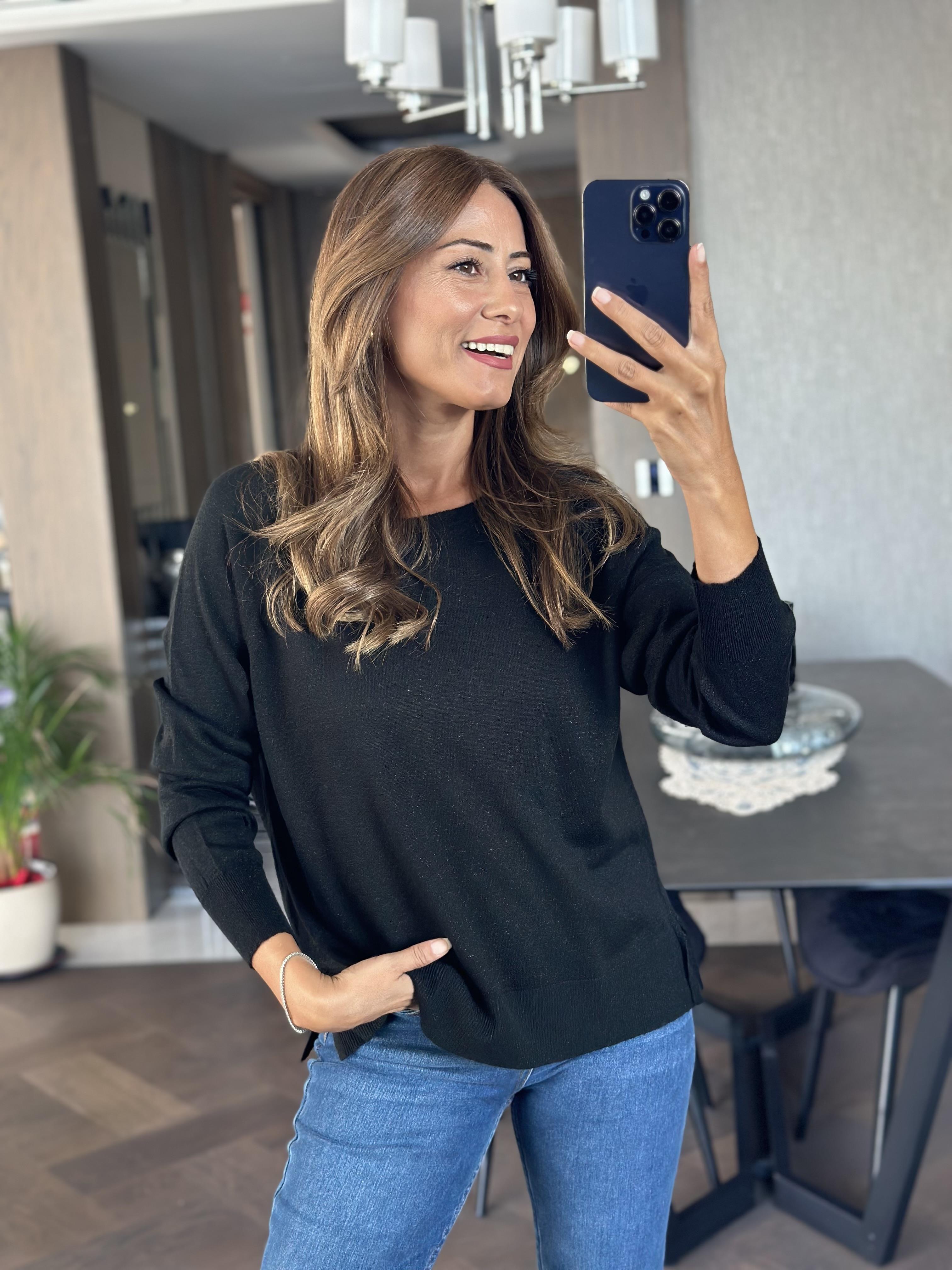 Siyah Simli Bisiklet Yaka Uzun Kol Dilvn Merserize Kadın Bluz