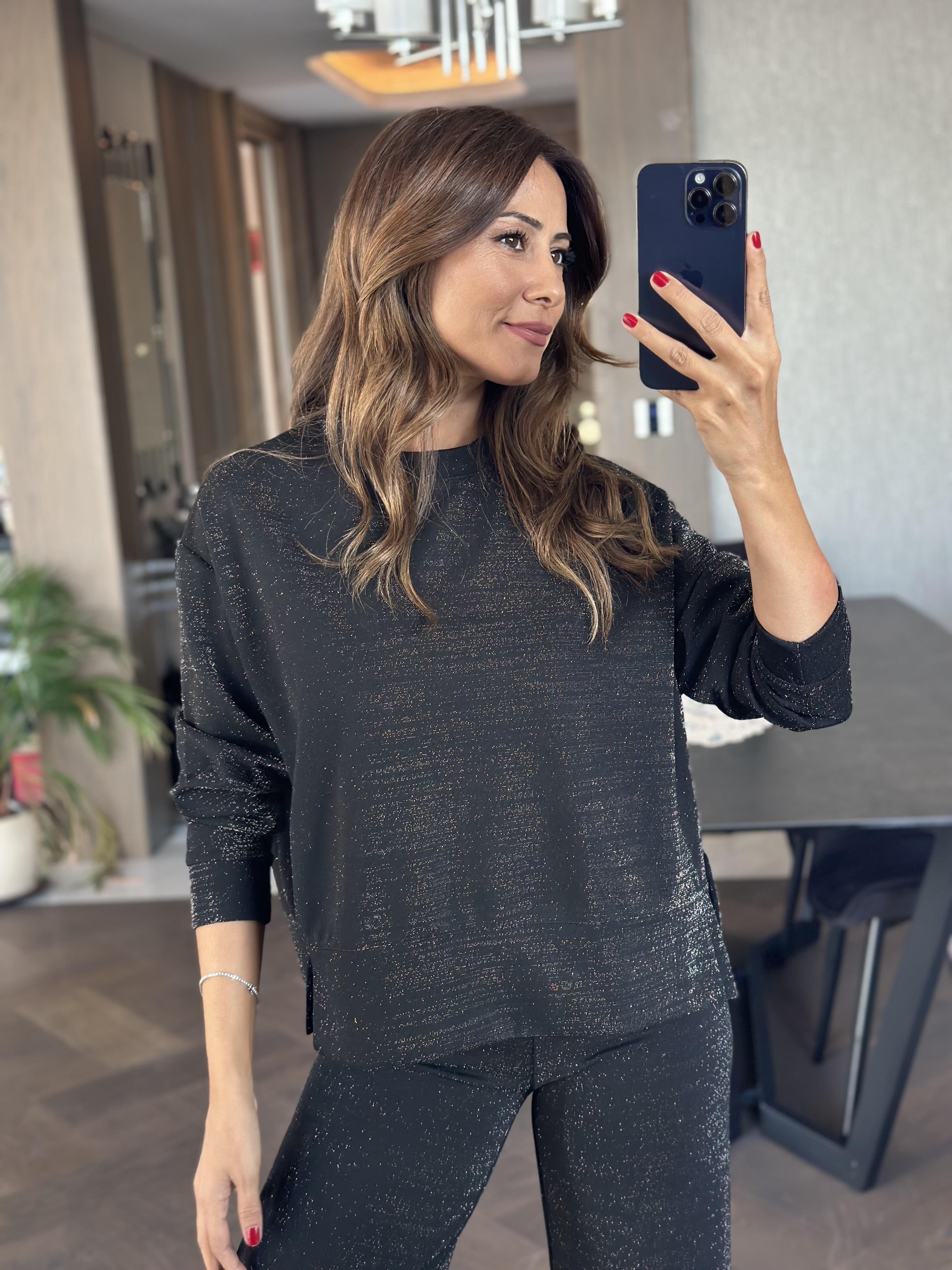 Siyah Simli İthal Scuba Yanları Yırtmaçlı Kadın Sweatshirt