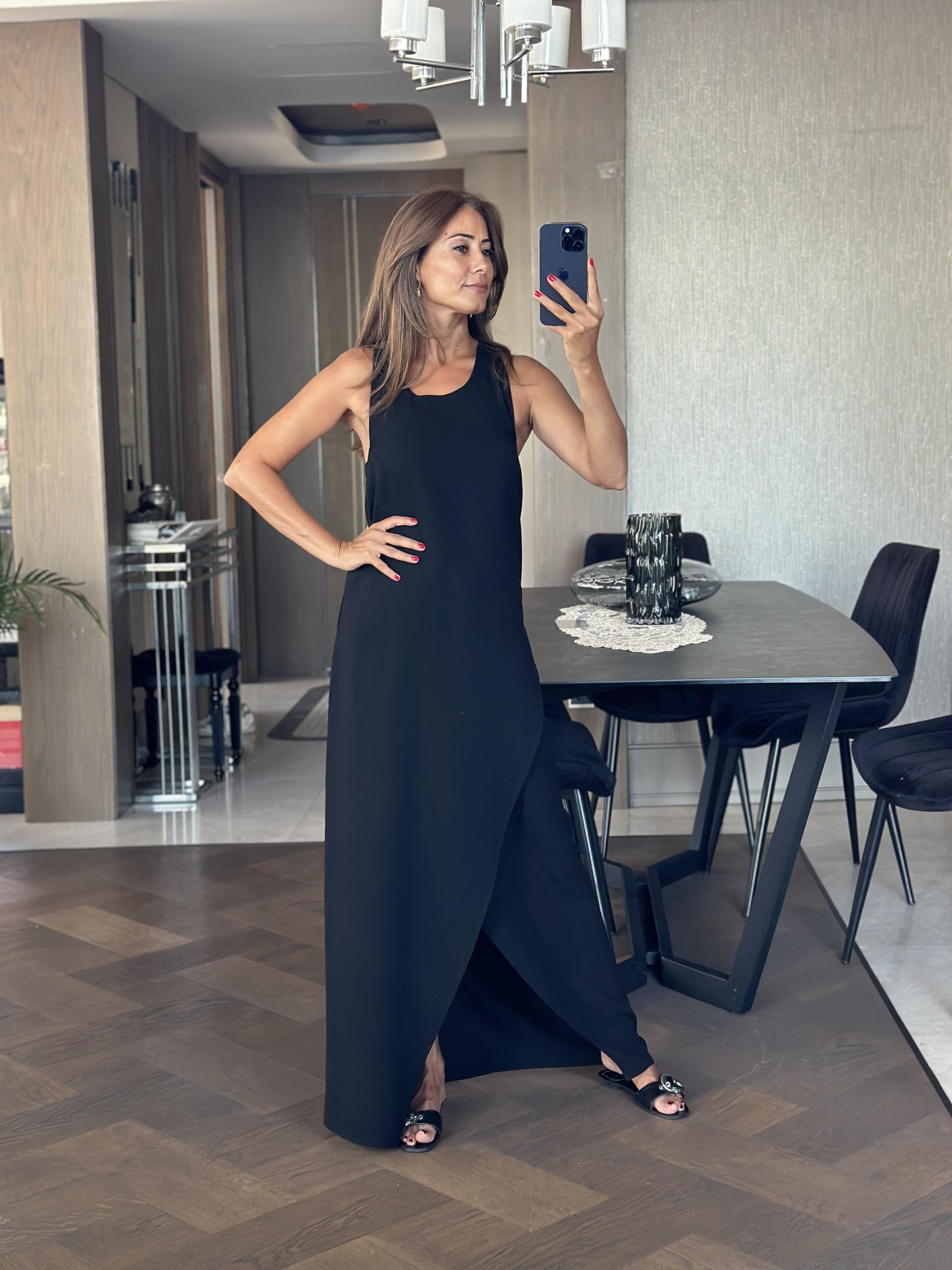 Siyah Sırtı Bambu Aksesuarlı Eteği Anvelop Kadın Keten Elbise 