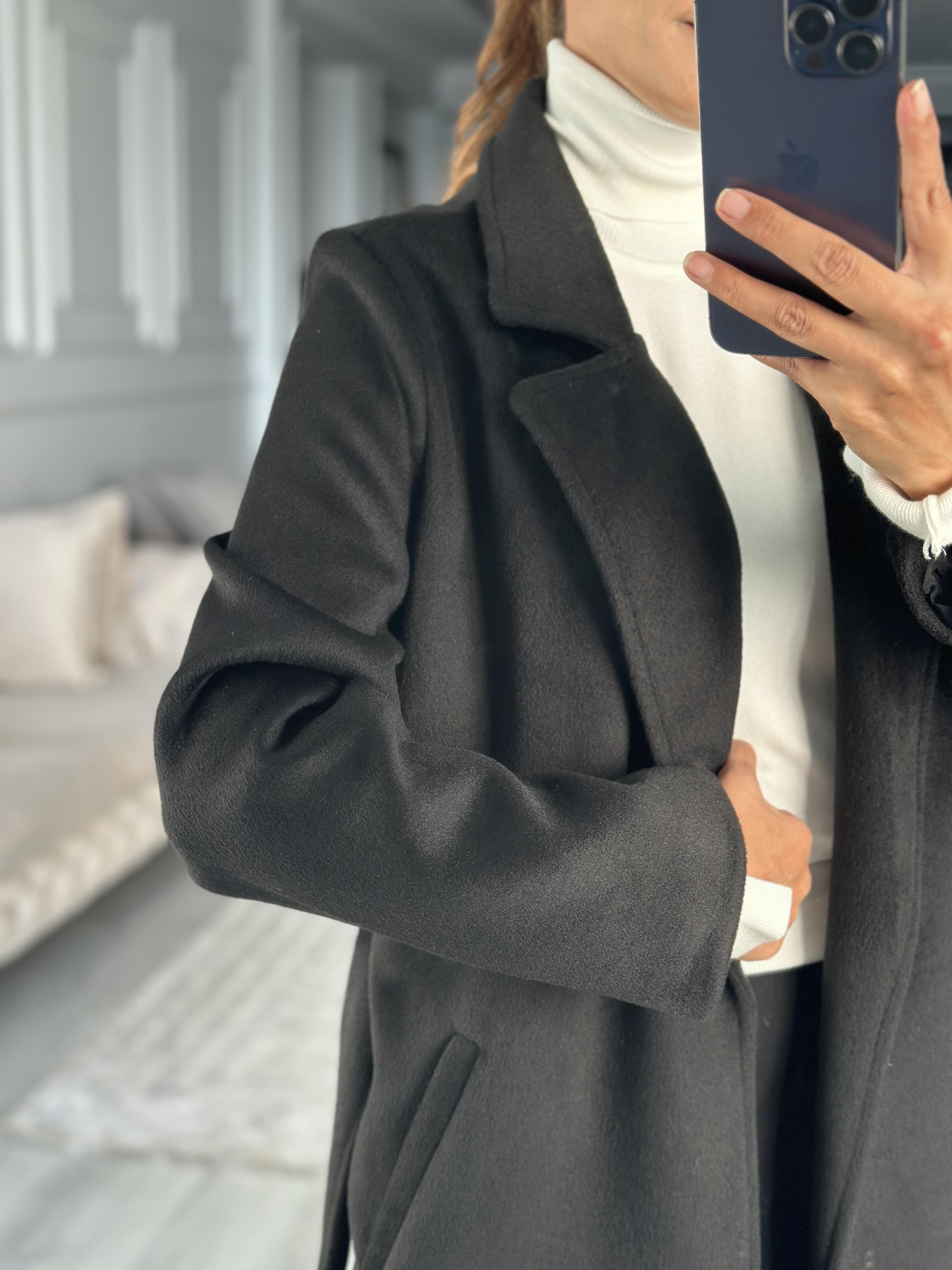 Siyah Soft Touch Kuşaklı Kadın Kaşe Kaban