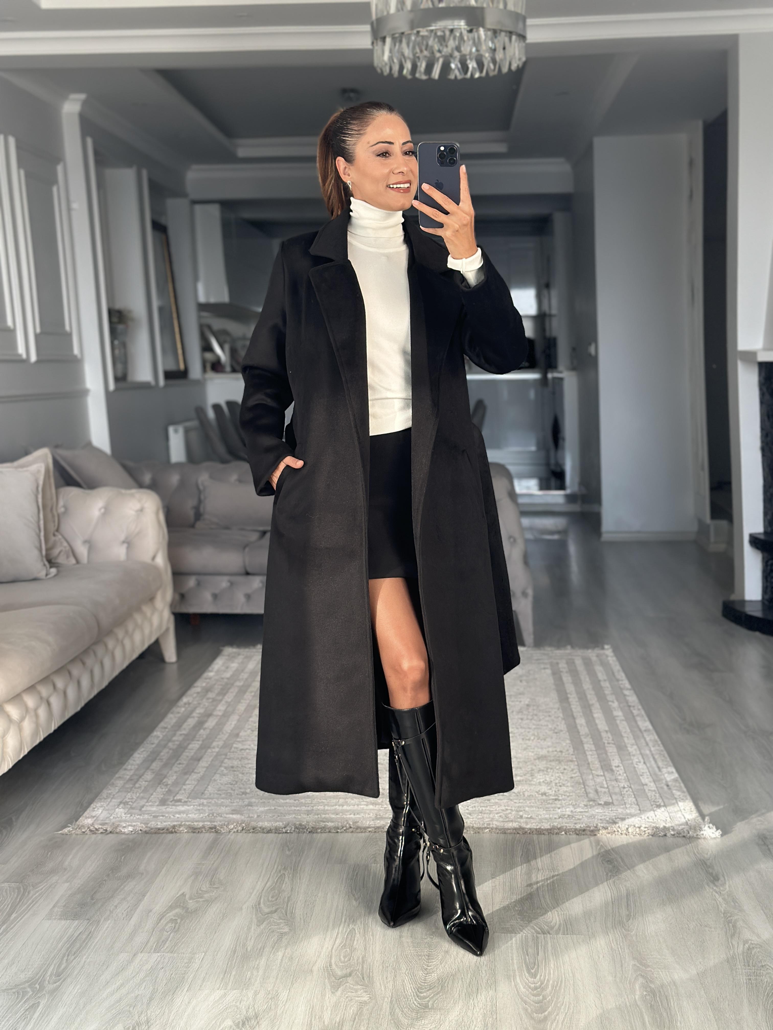 Siyah Soft Touch Kuşaklı Kadın Kaşe Kaban