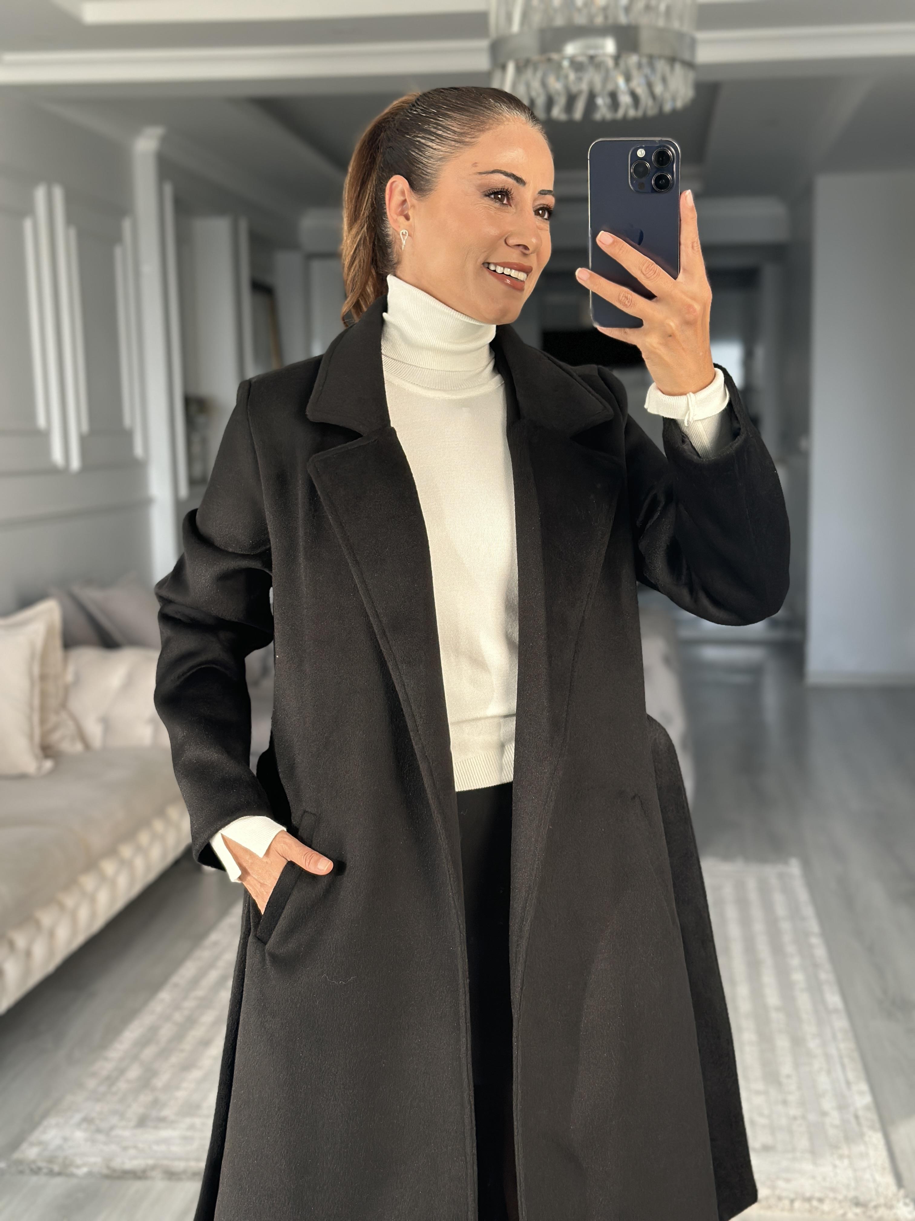 Siyah Soft Touch Kuşaklı Kadın Kaşe Kaban