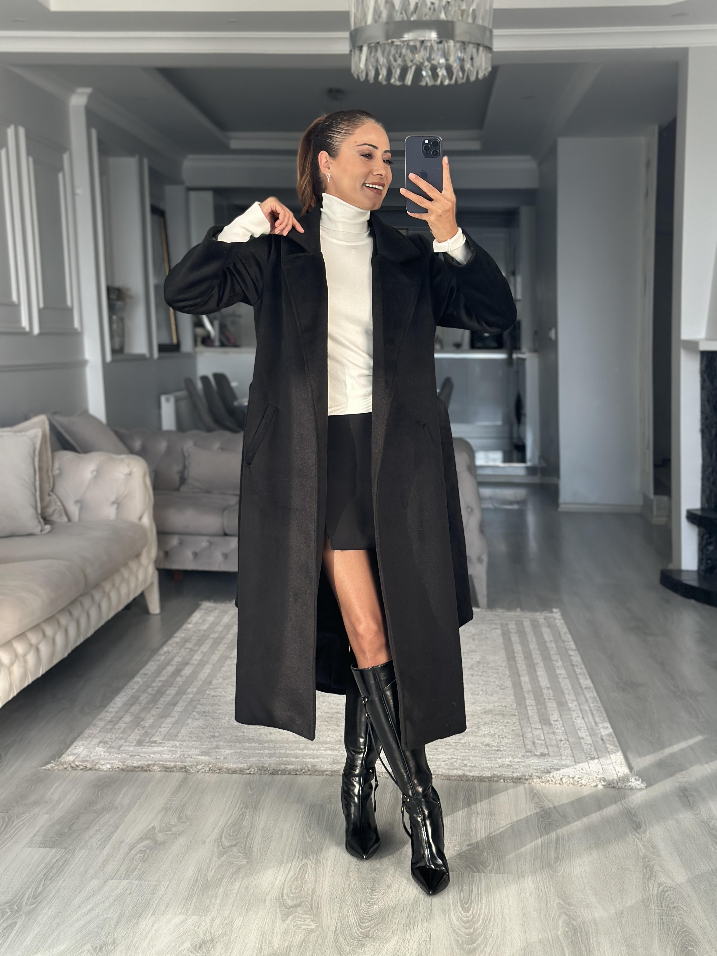 Siyah Soft Touch Kuşaklı Kadın Kaşe Kaban