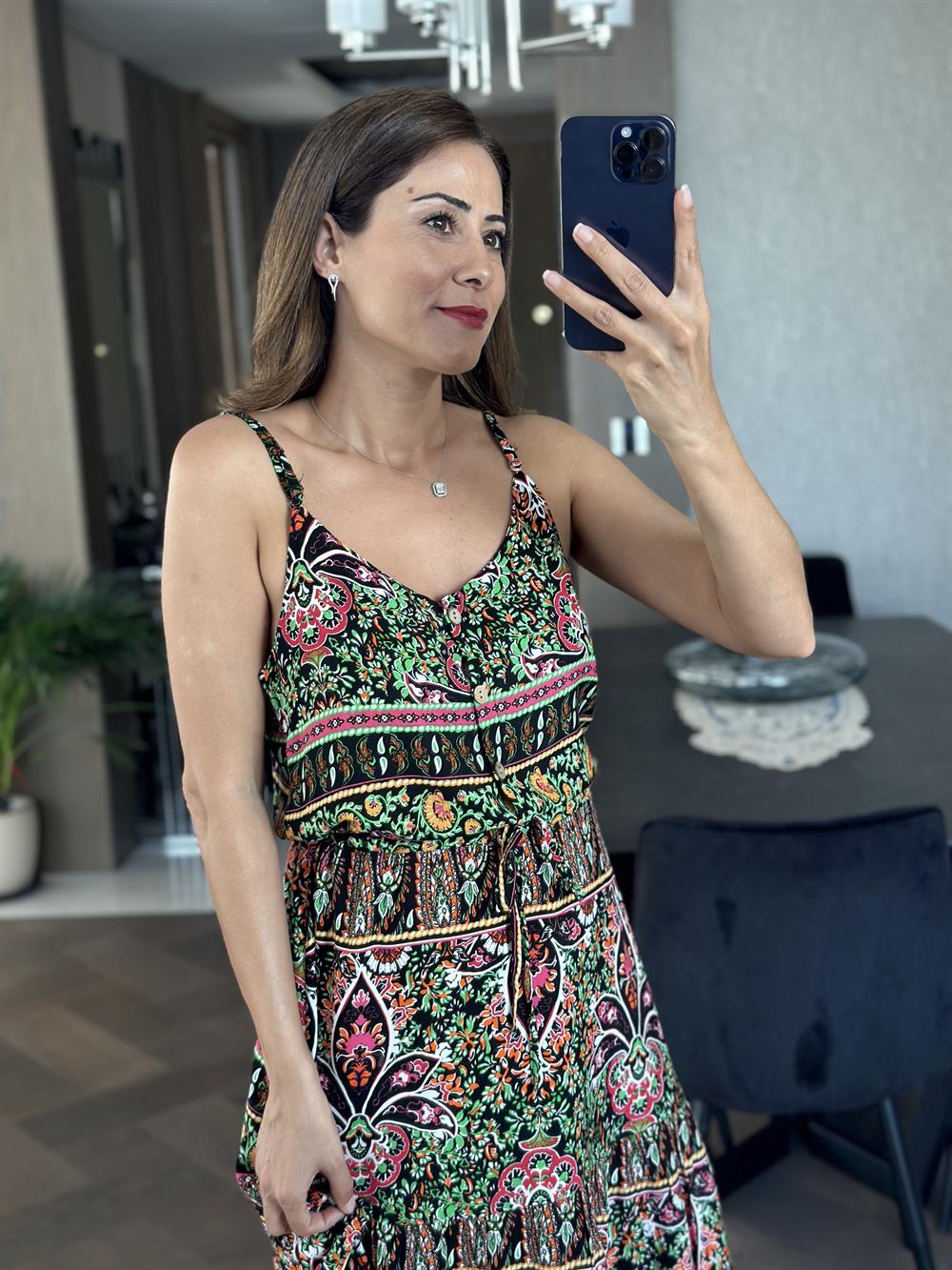 Siyah Sulu Desen İp Askılı Önü Düğmeli Viskon Kadın Elbise