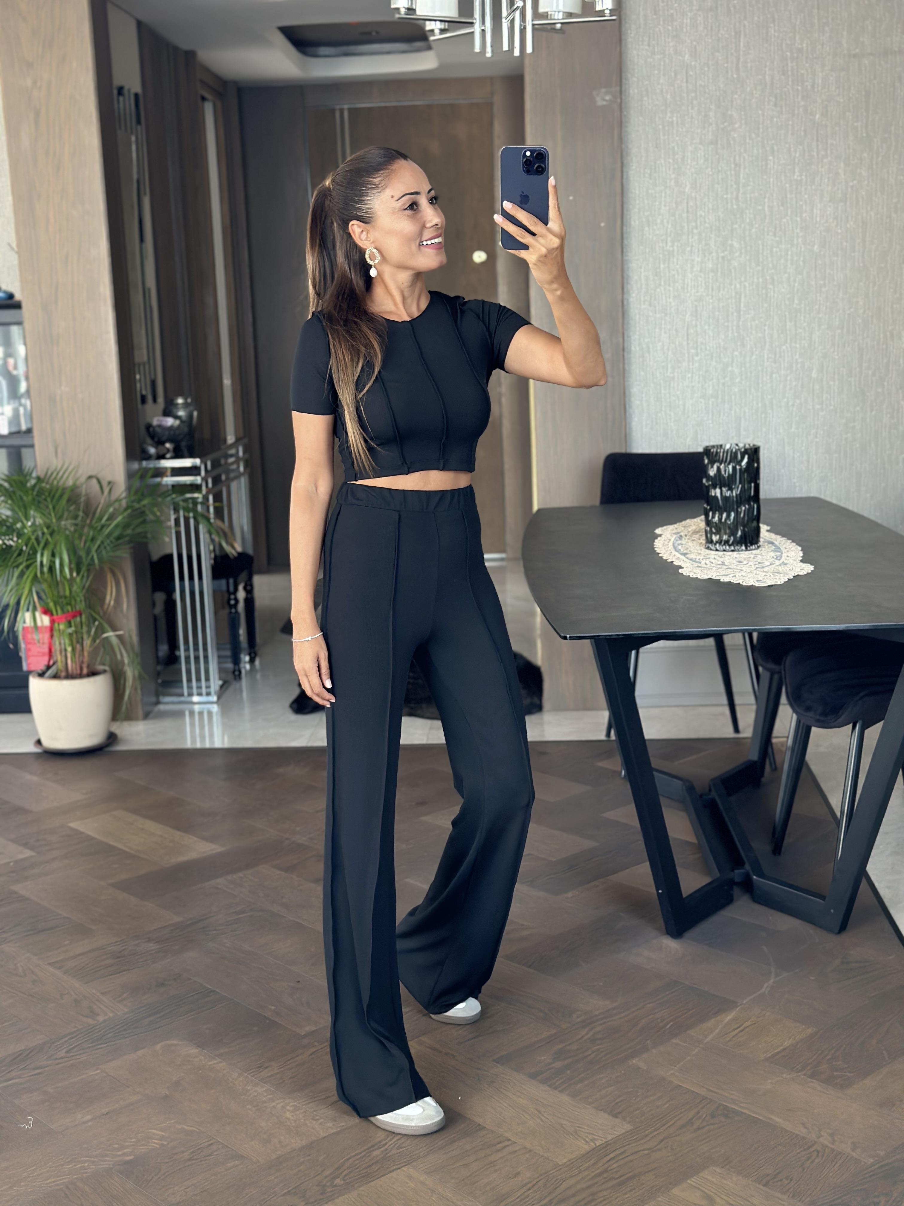Siyah Ters Dikiş Detay Body Pantolon Kaşkorse Kadın Alt Üst Takım