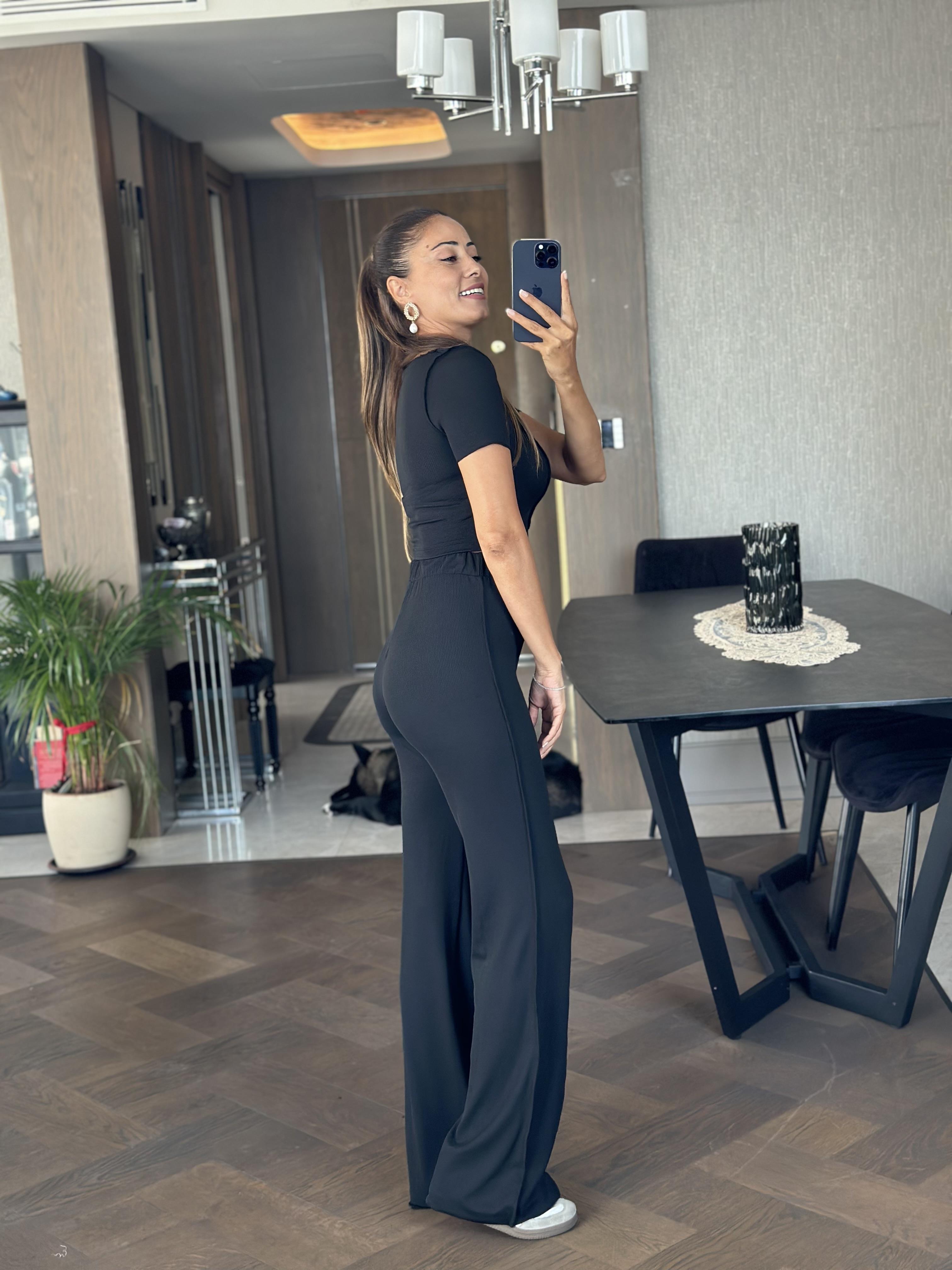 Siyah Ters Dikiş Detay Body Pantolon Kaşkorse Kadın Alt Üst Takım