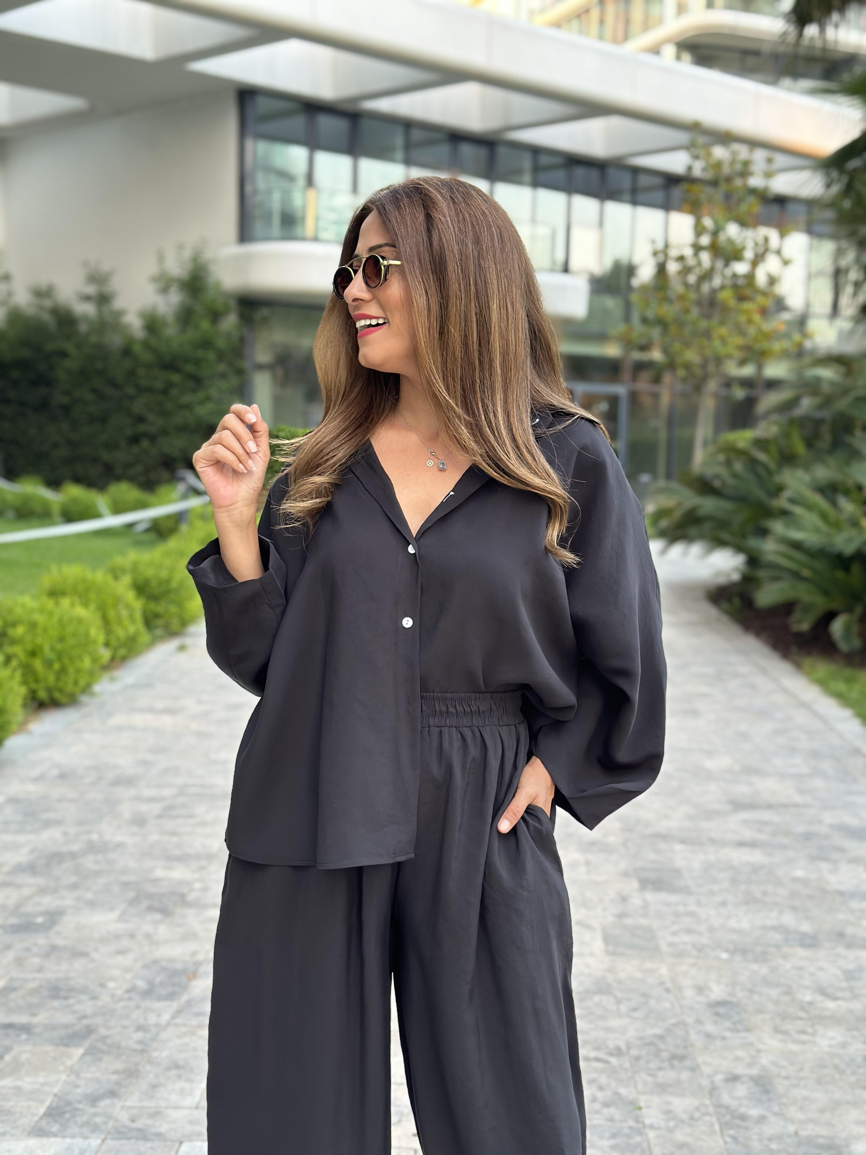 Siyah Truvakar Kol Gömlek Balon Pantolon Kadın Tnsel Alt Üst Takım