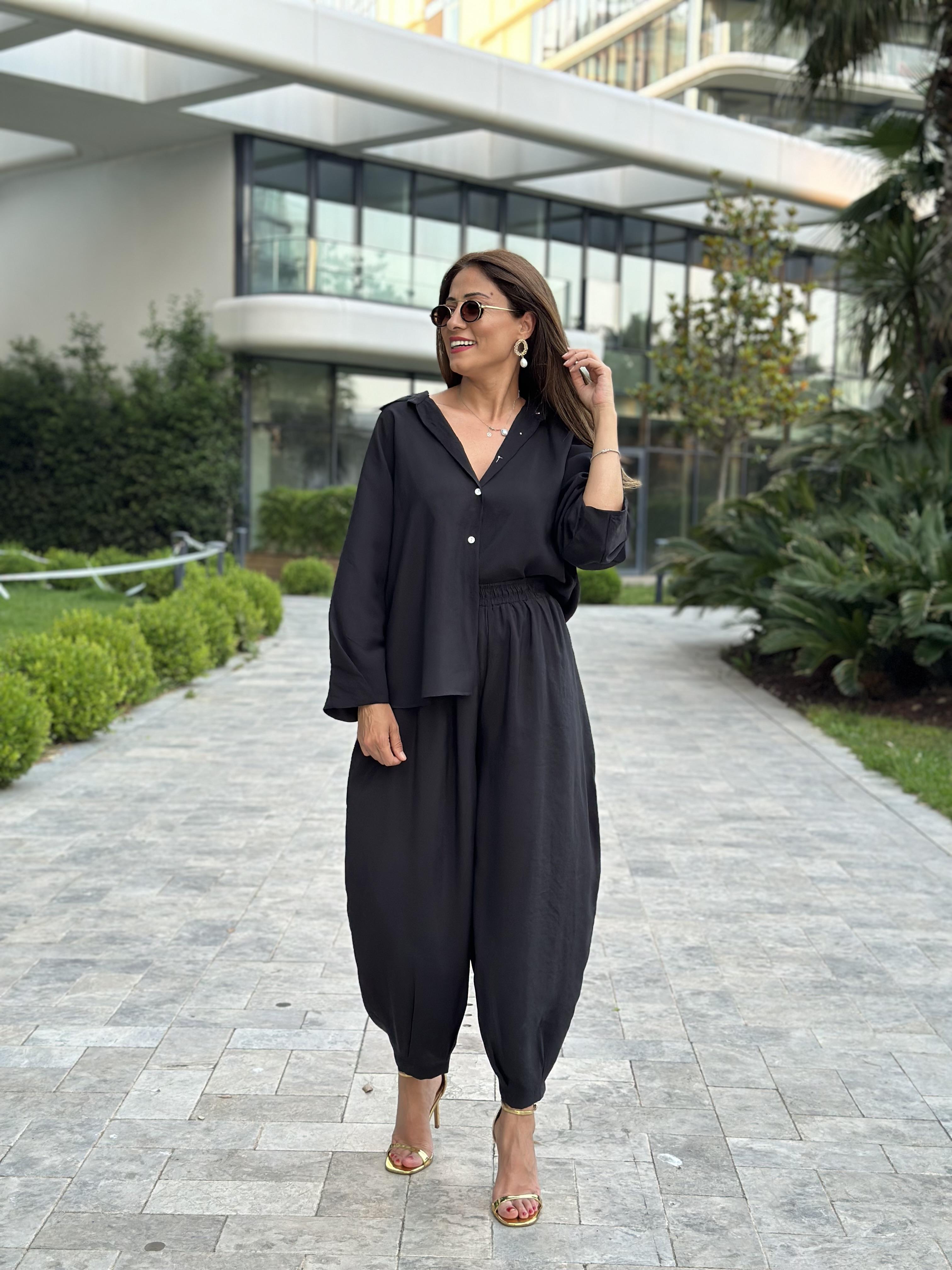 Siyah Truvakar Kol Gömlek Balon Pantolon Kadın Tnsel Alt Üst Takım