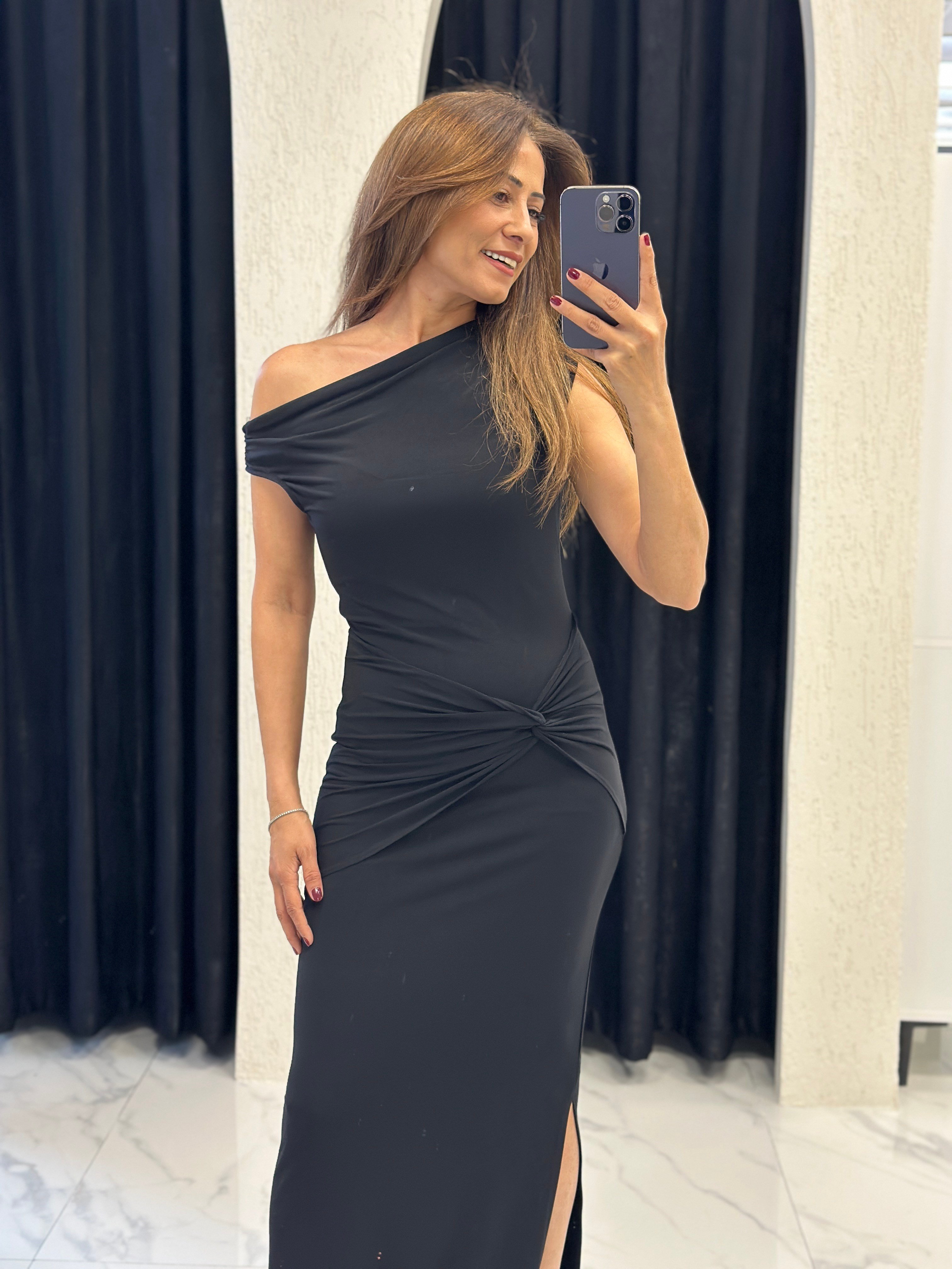 Siyah Yan Düğümlü Düşük Omuz Sandy Maxi Boy Kadın Elbise 