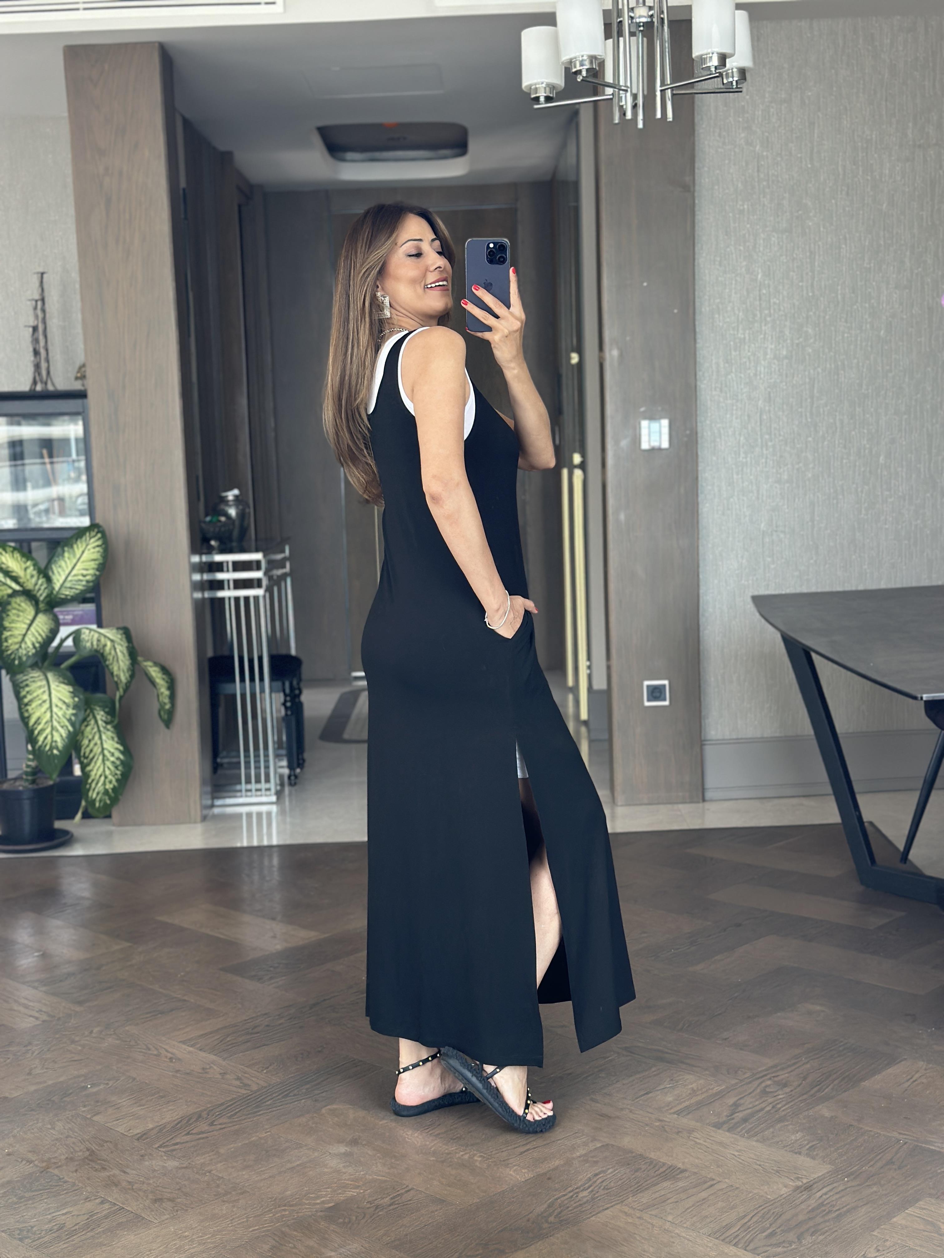 Siyah Yanları Yırtmaçlı Maksi Boy Kadın İkili Elbise