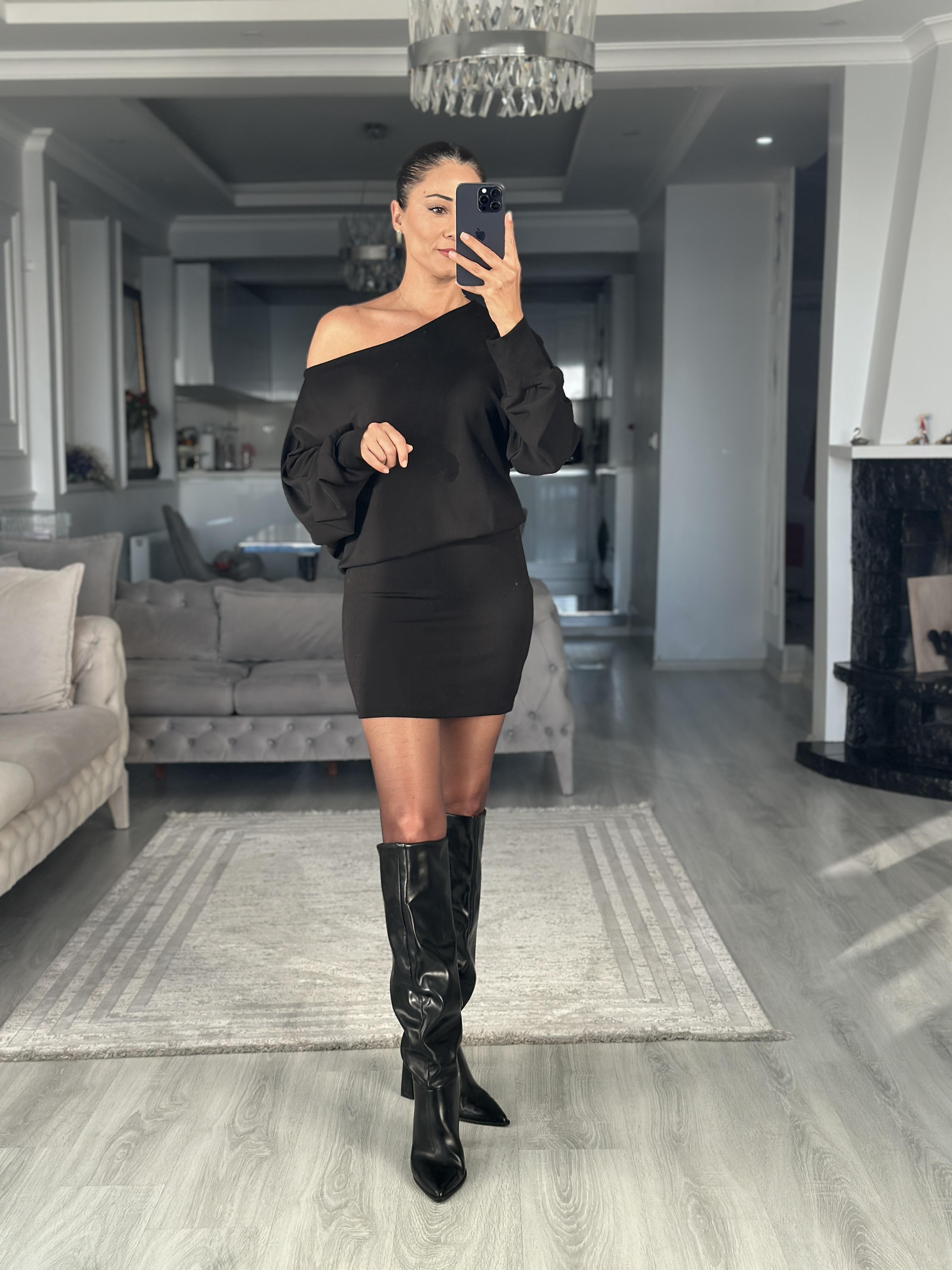 Siyah Yarasa Kol Düşük Omuz Modal Kumaş Mini Elbise 