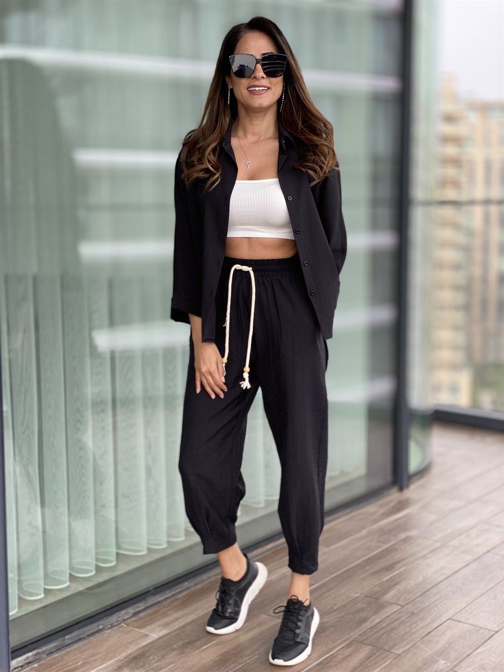 Siyah Yarasa Kol Krinkıl Gömlek