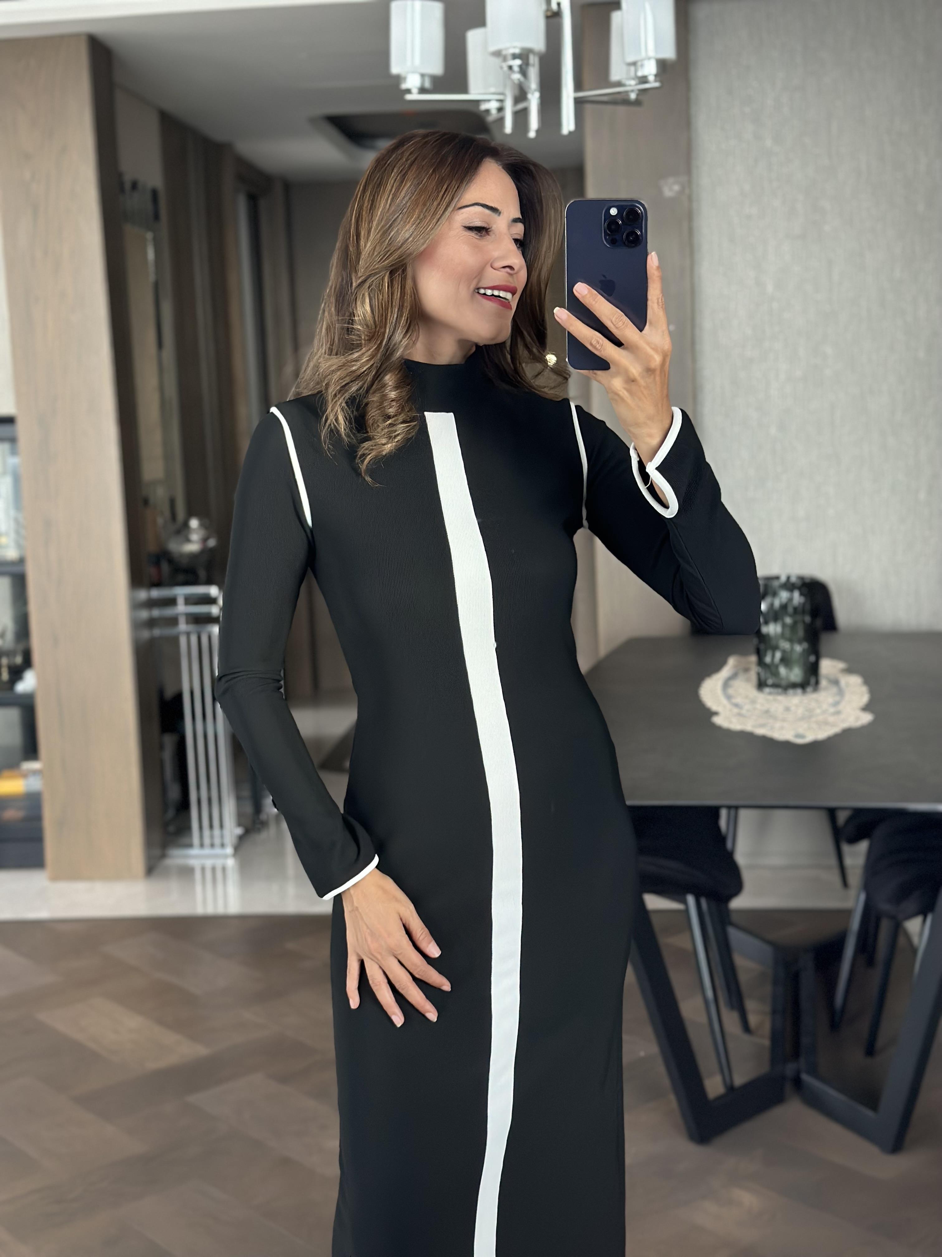 Siyah Yarım Balıkçı Yaka Şerit Detay Ottoman Kumaş Arkası Yırtmaçlı Kadın Elbise 