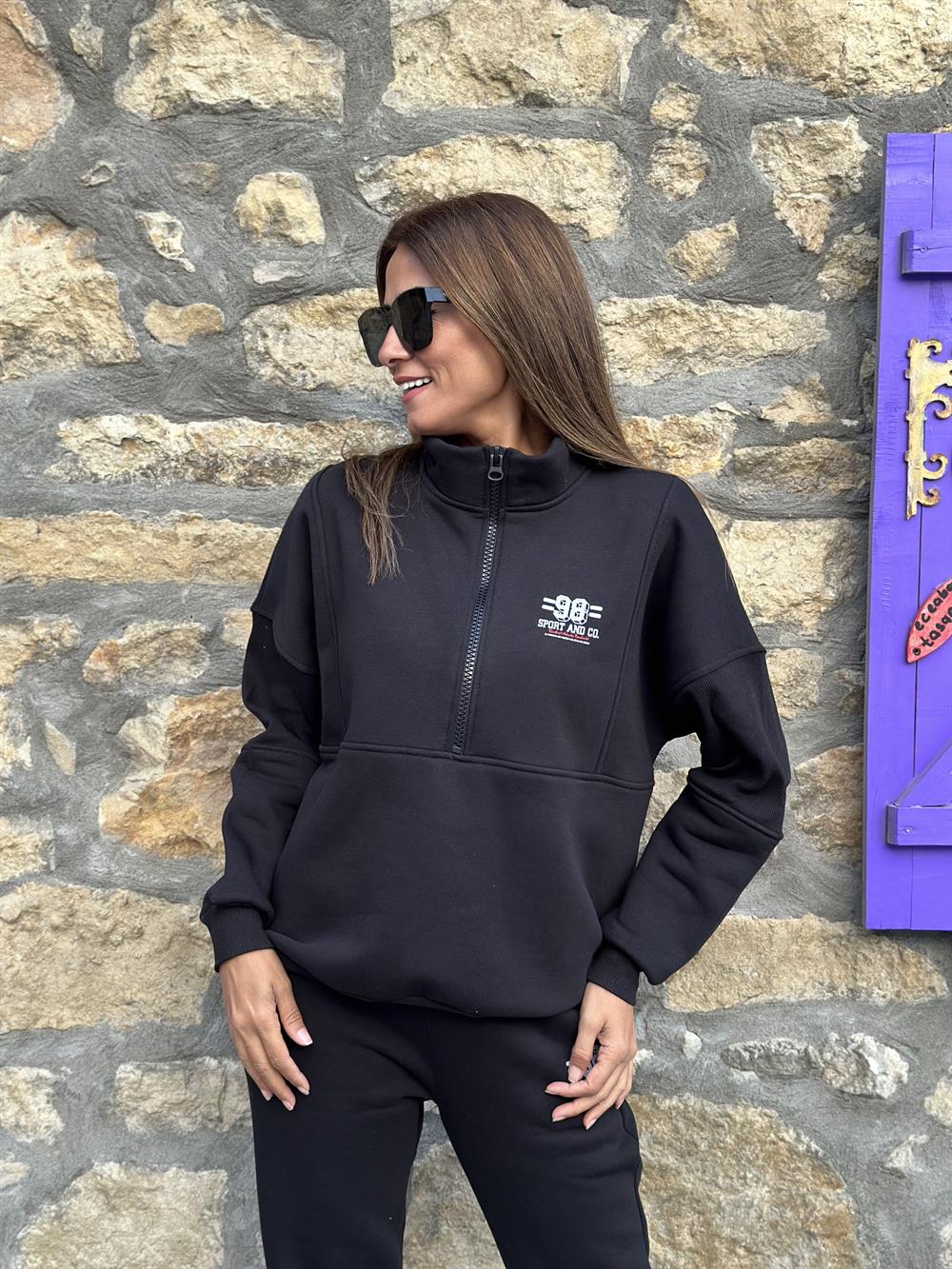 Siyah Yarım Fermuarlı 98 Baskılı Üç İplik Kadın Eşofman Takımı