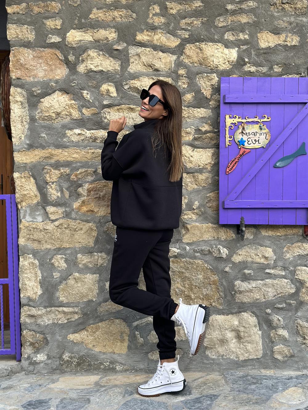 Siyah Yarım Fermuarlı 98 Baskılı Üç İplik Kadın Eşofman Takımı