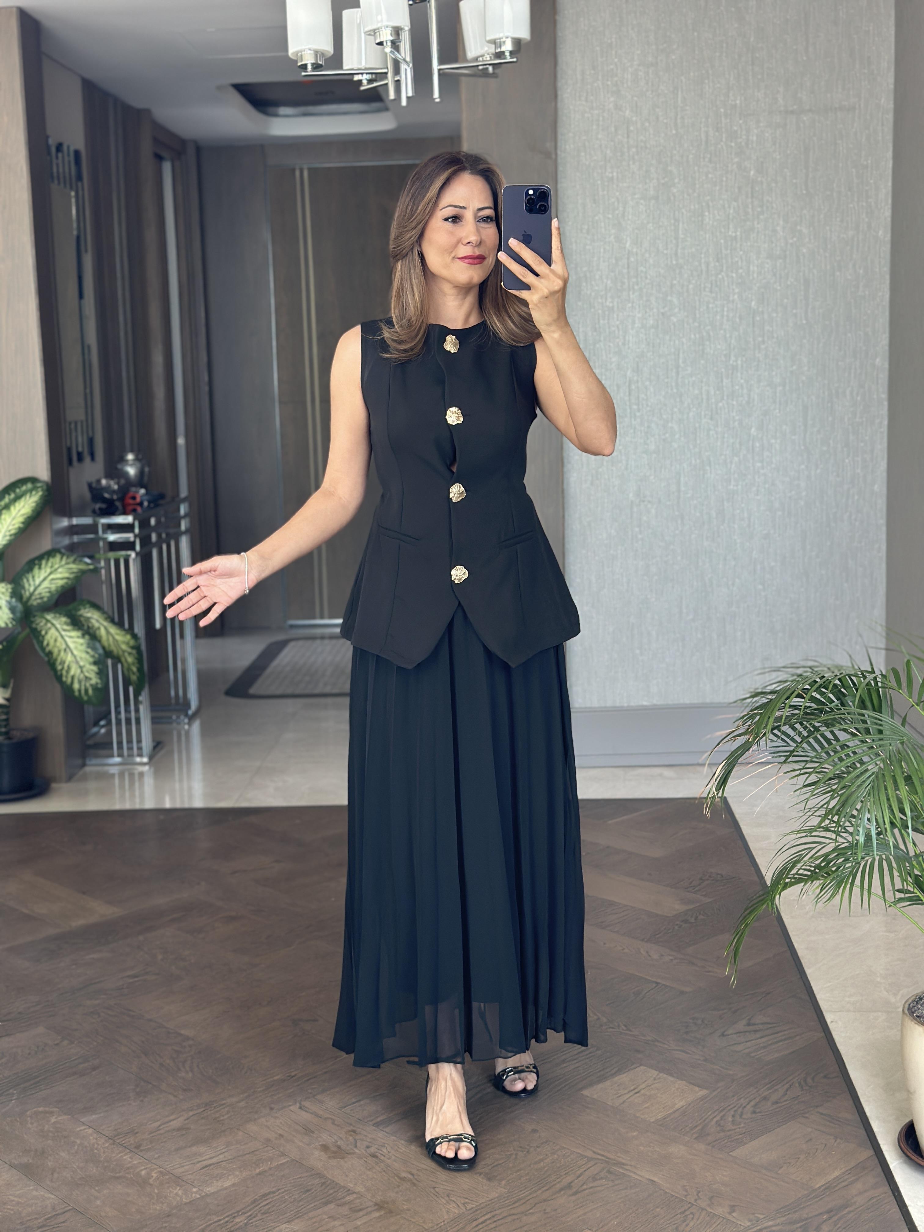 Siyah Yelek Etek Birleşik Sıfır Kol Maksi Boy Kadın Elbise