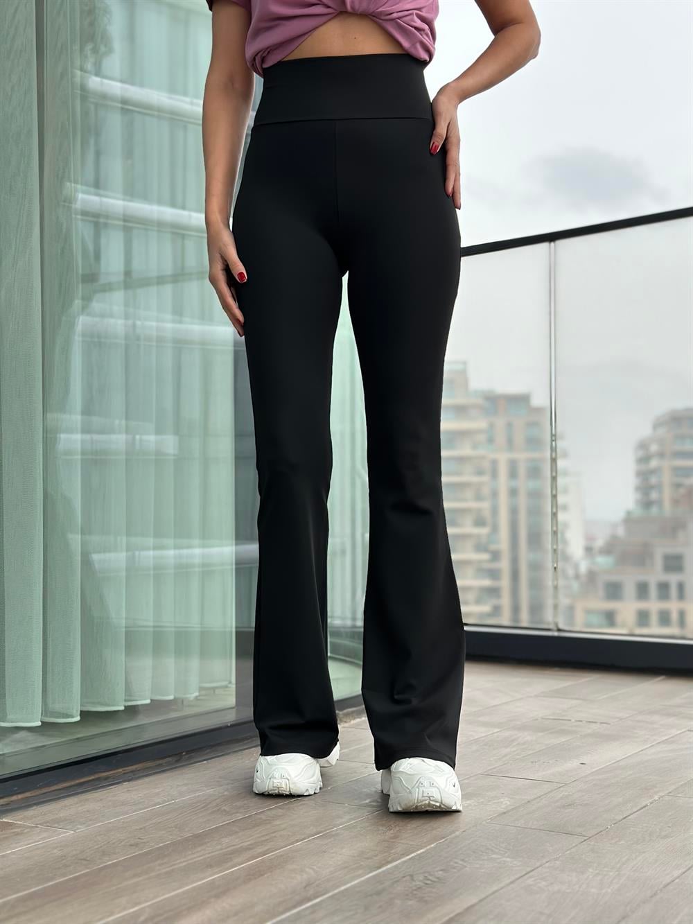 Siyah Yüksek Bel İspanyol Paça Kadın Tayt