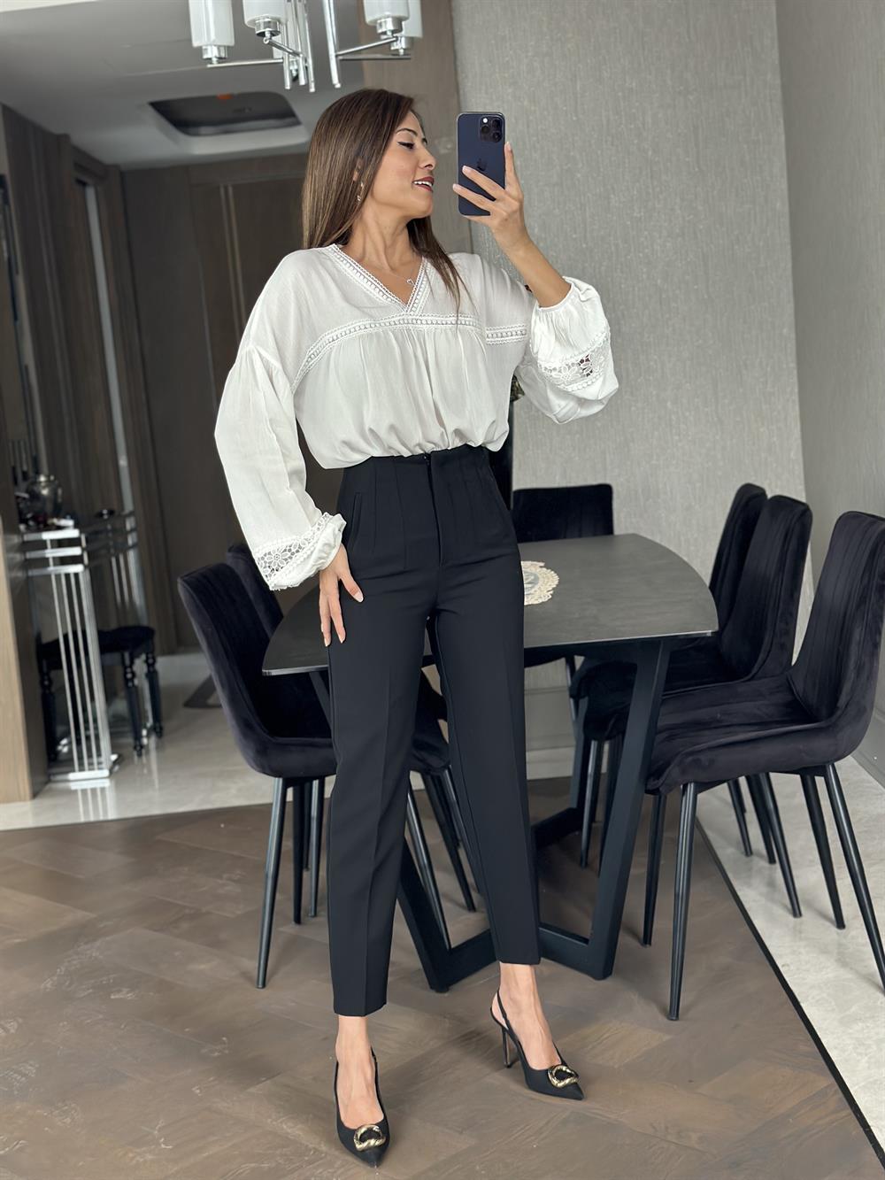 Siyah Yüksek Bel Önü Flatolu Kadın Pantolon