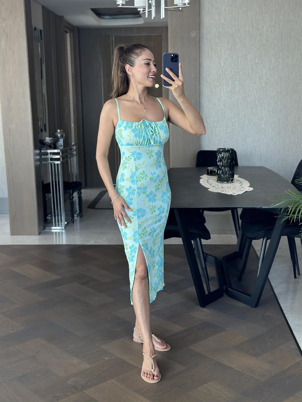 Su Yeşili Askılı Önü Drapeli Bürümcük Kadın Elbise