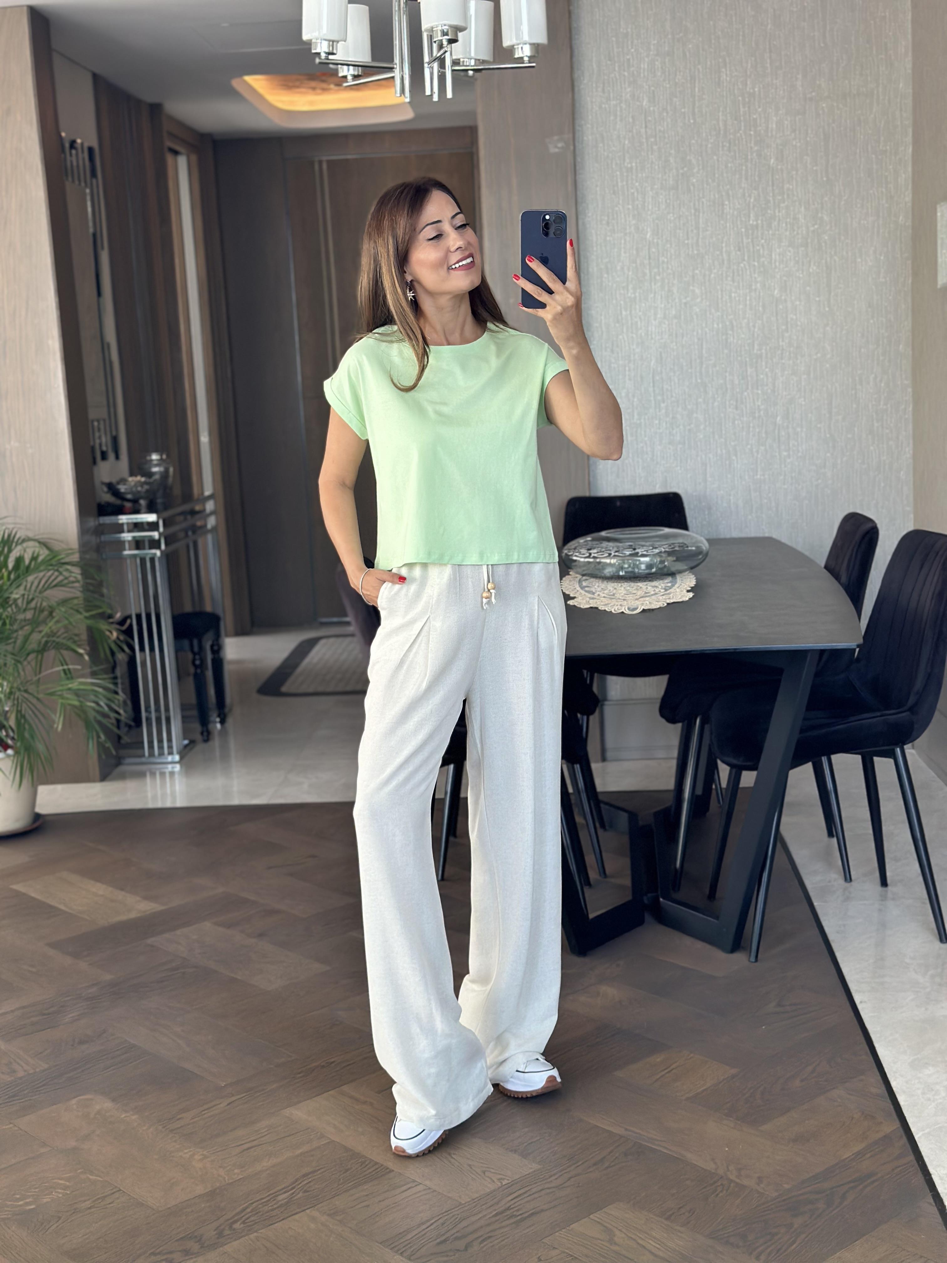 Su Yeşili Bisiklet Yaka Basic Top Kadın Crop T-Shirt