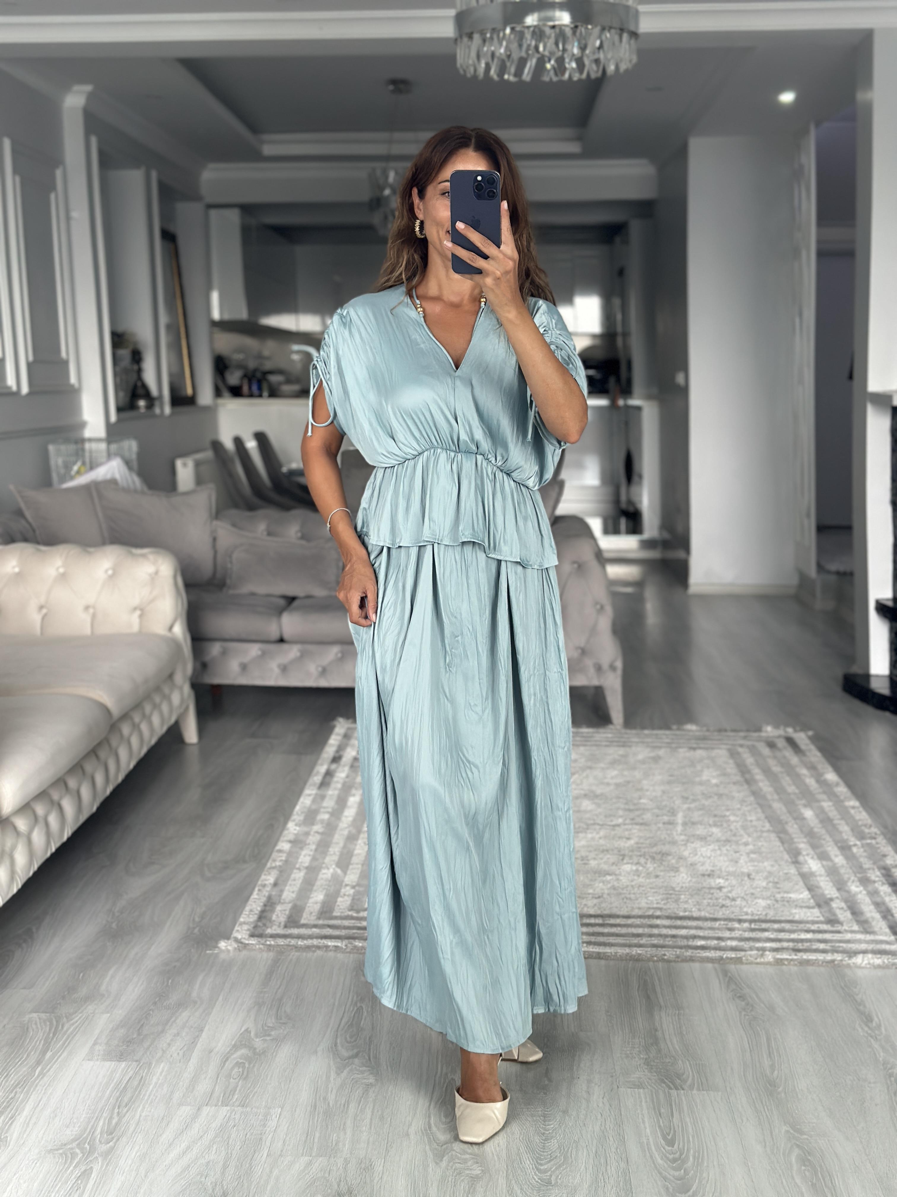 Su Yeşili Crushlı Luna Bluz Etek Kadın İkili Takım