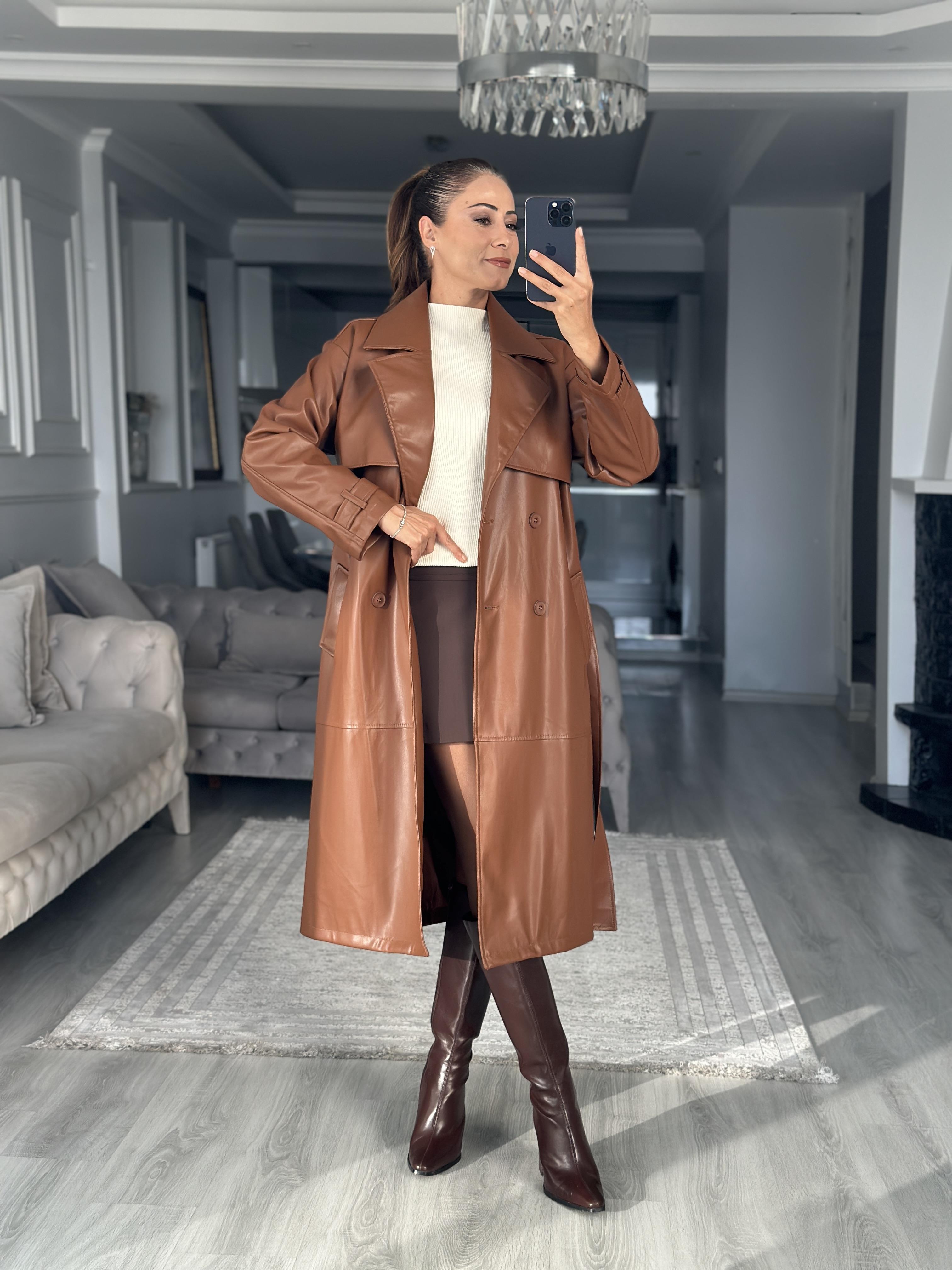 Taba Allerli Kuşaklı Kadın Deri Trenç