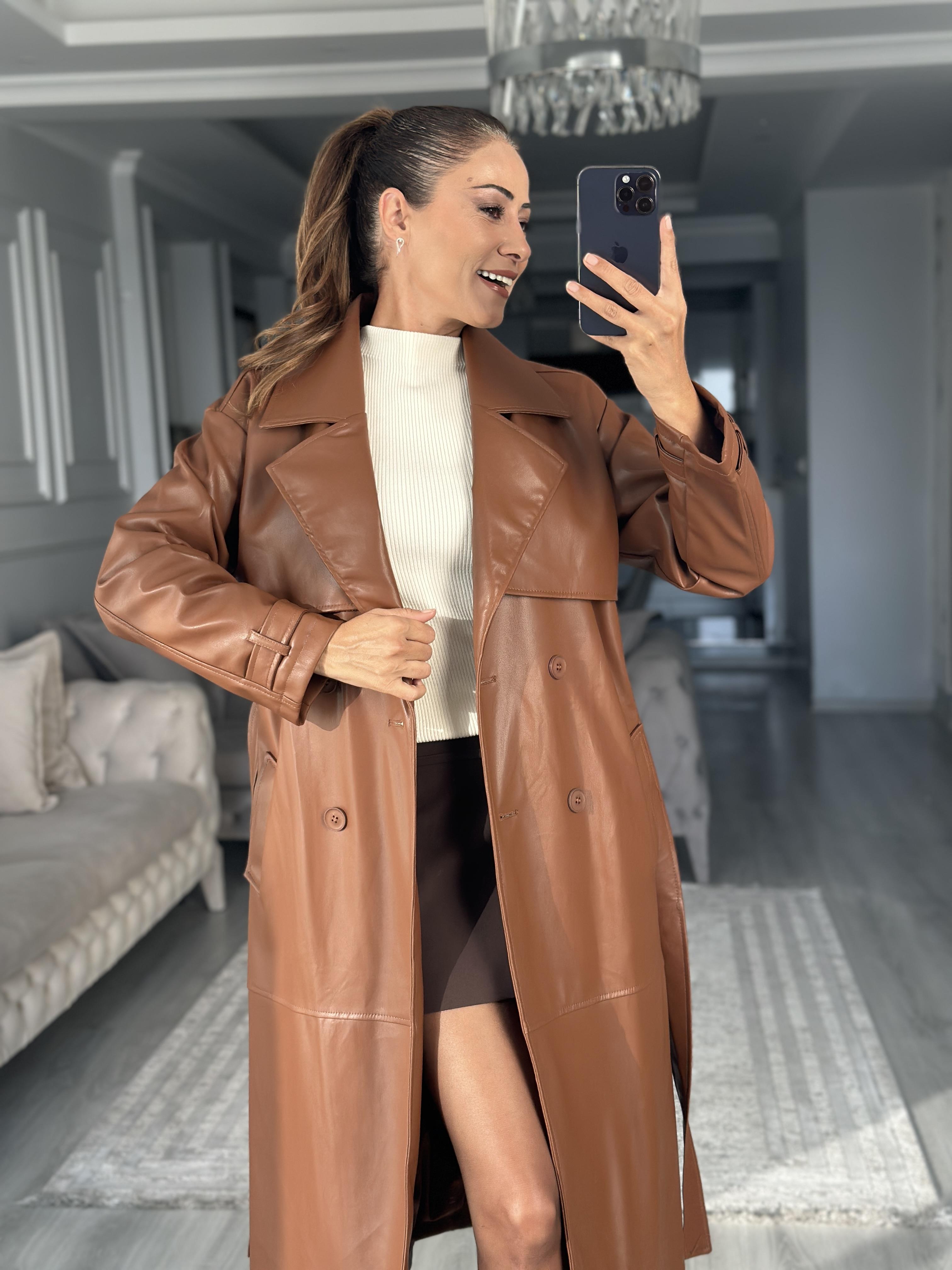 Taba Allerli Kuşaklı Kadın Deri Trenç