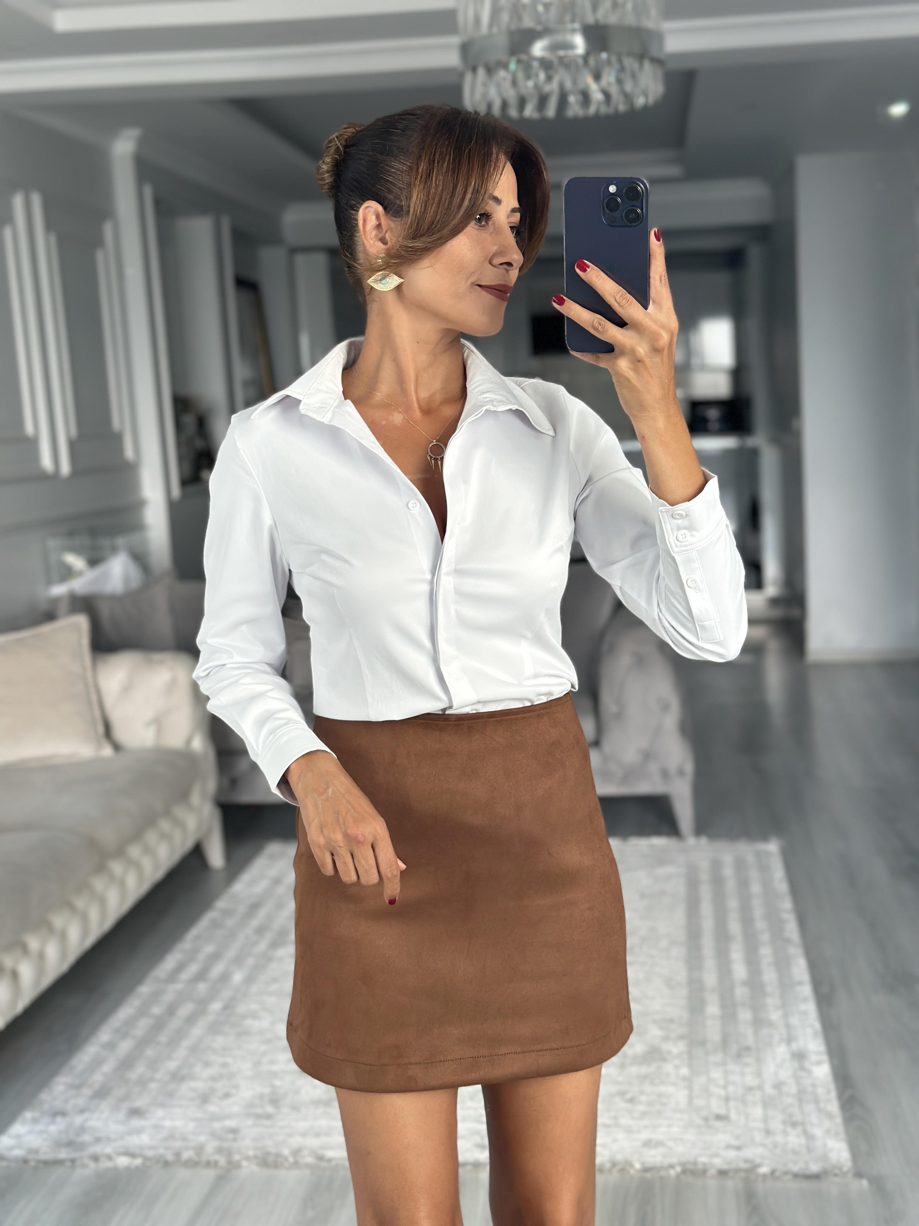 Taba Süet Arkası Fermuarlı Kadın Mini Etek