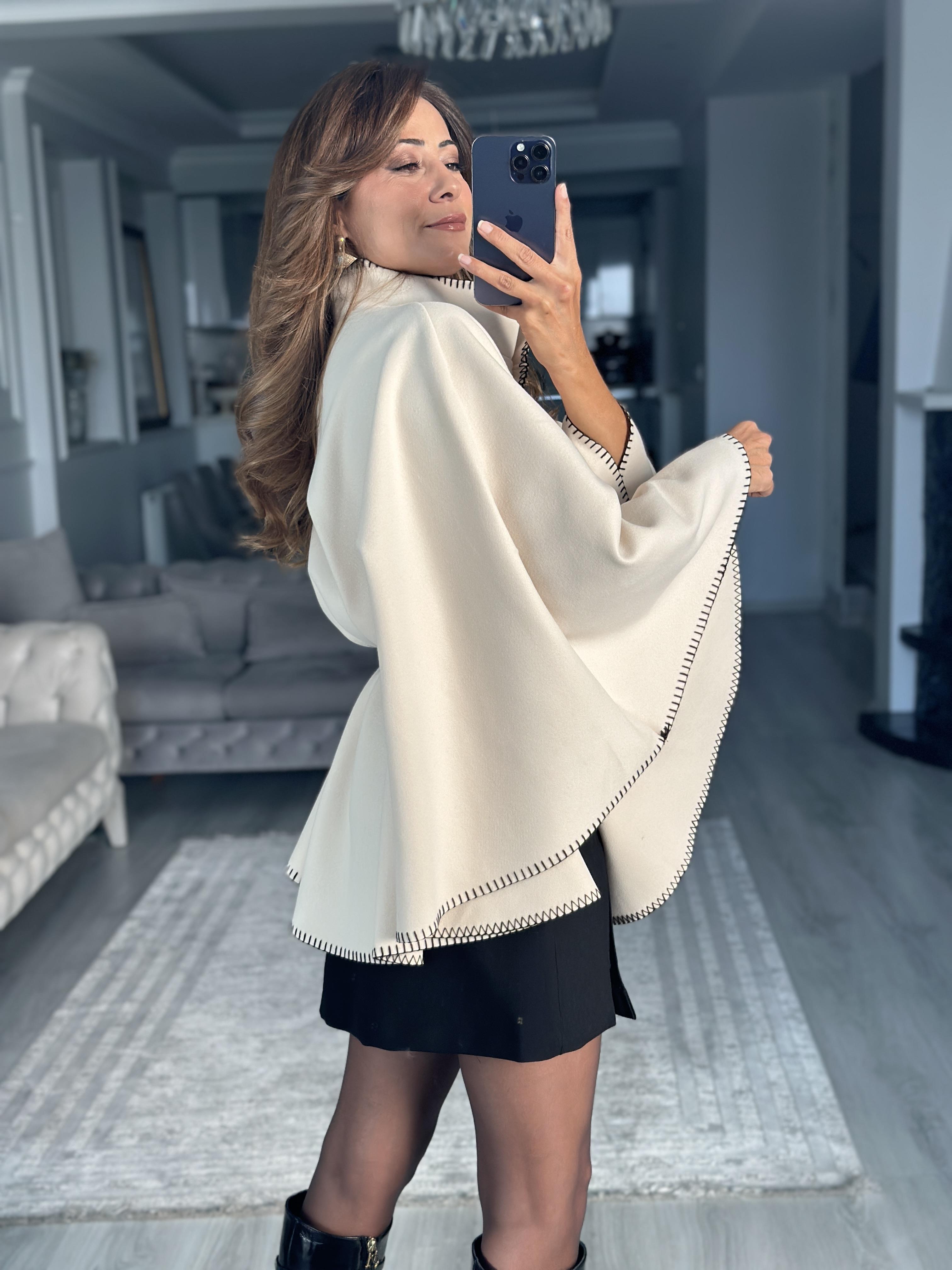 Taş Çoban Dikişli Dik Yaka Kemerli Kadın Kaşe Panço