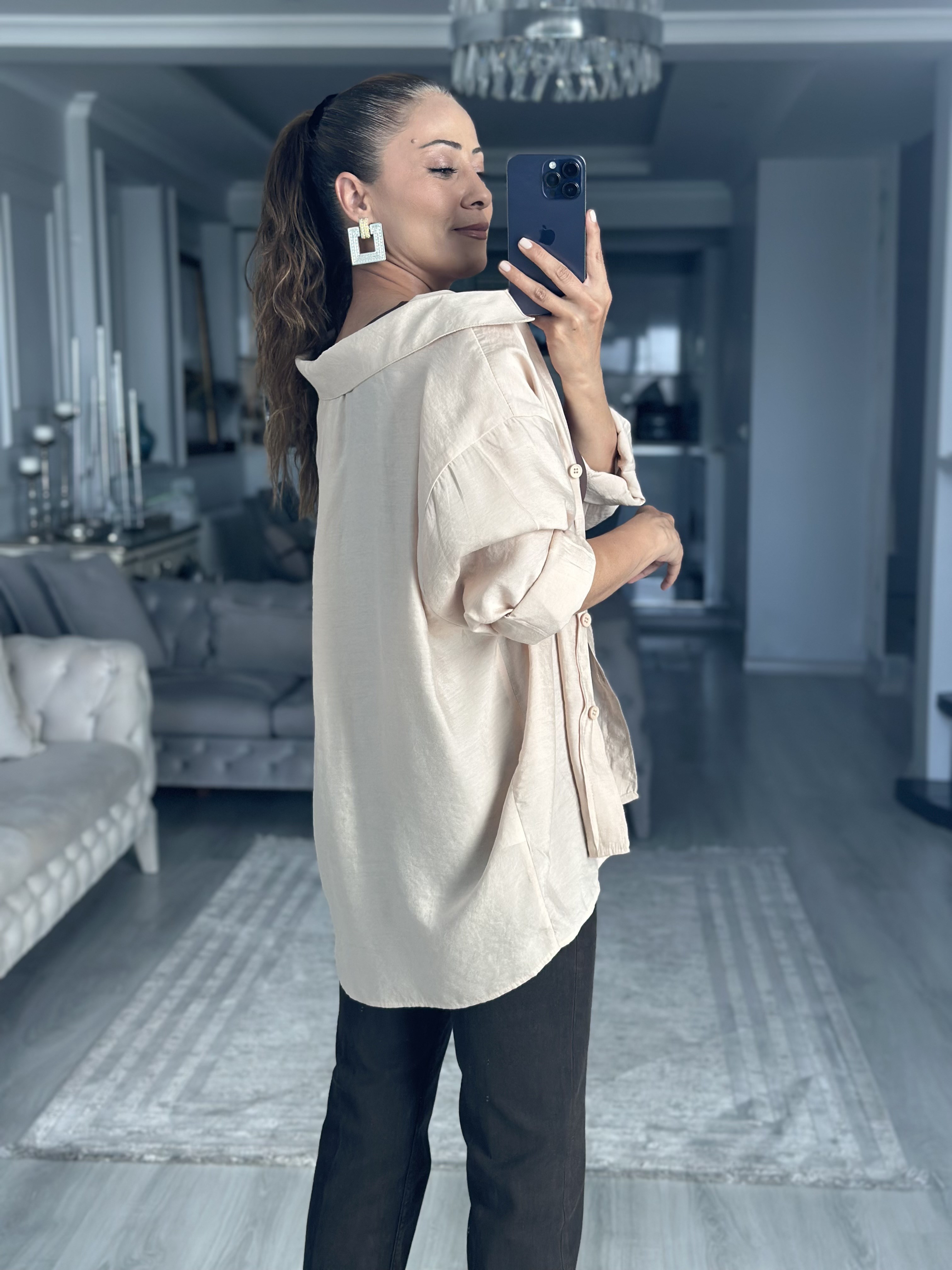 Taş Düşük Omuzlu Oversize Kadın Gömlek