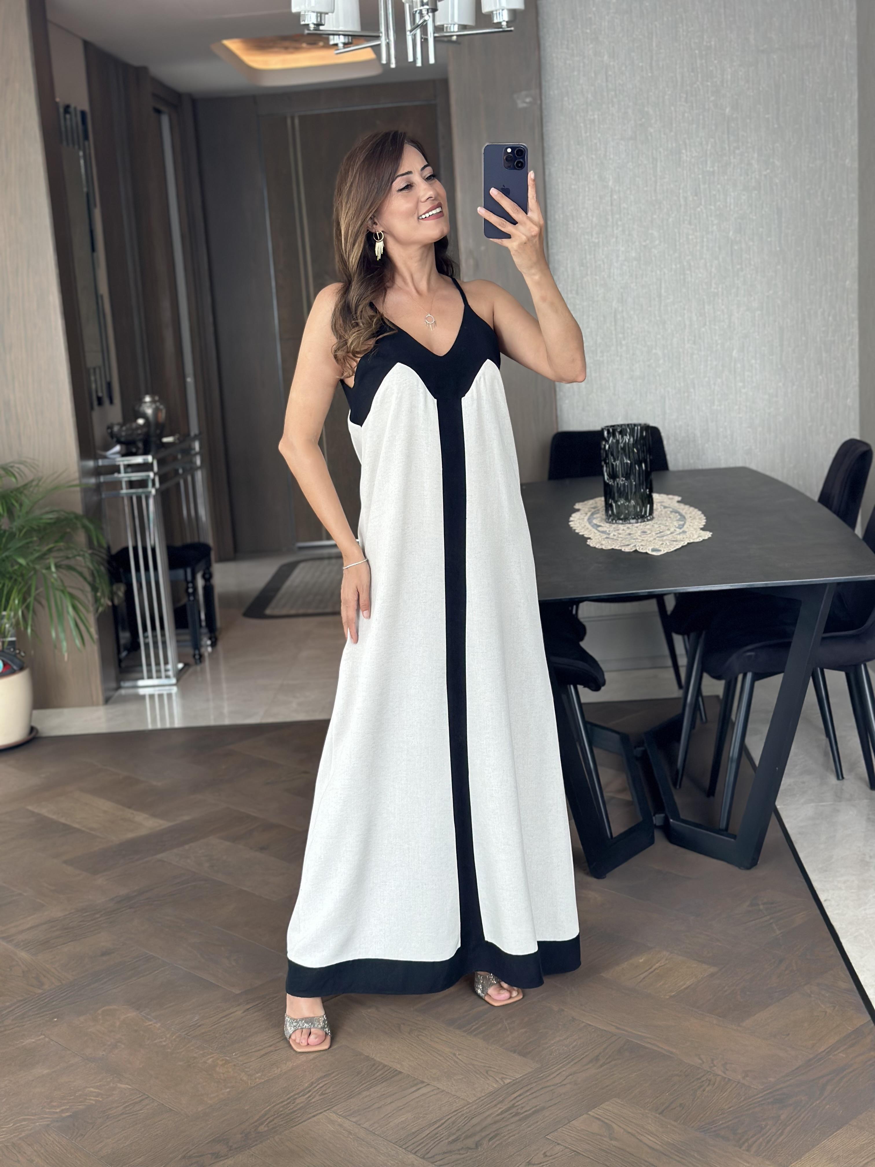 Taş Keten Askılı Kalın Şerit Detay Kadın Elbise 