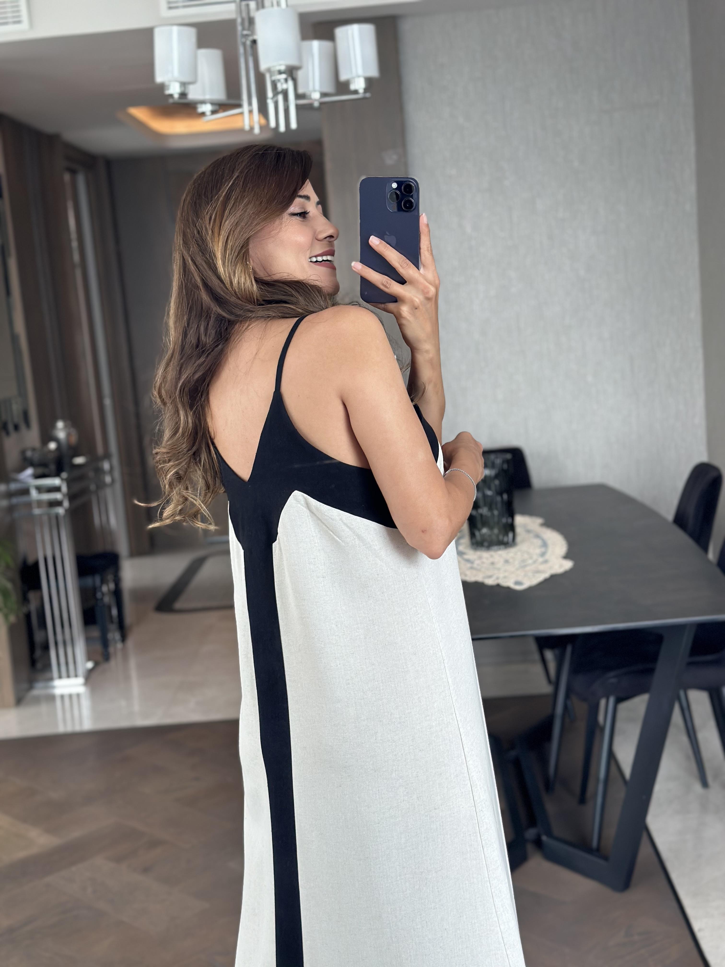 Taş Keten Askılı Kalın Şerit Detay Kadın Elbise 