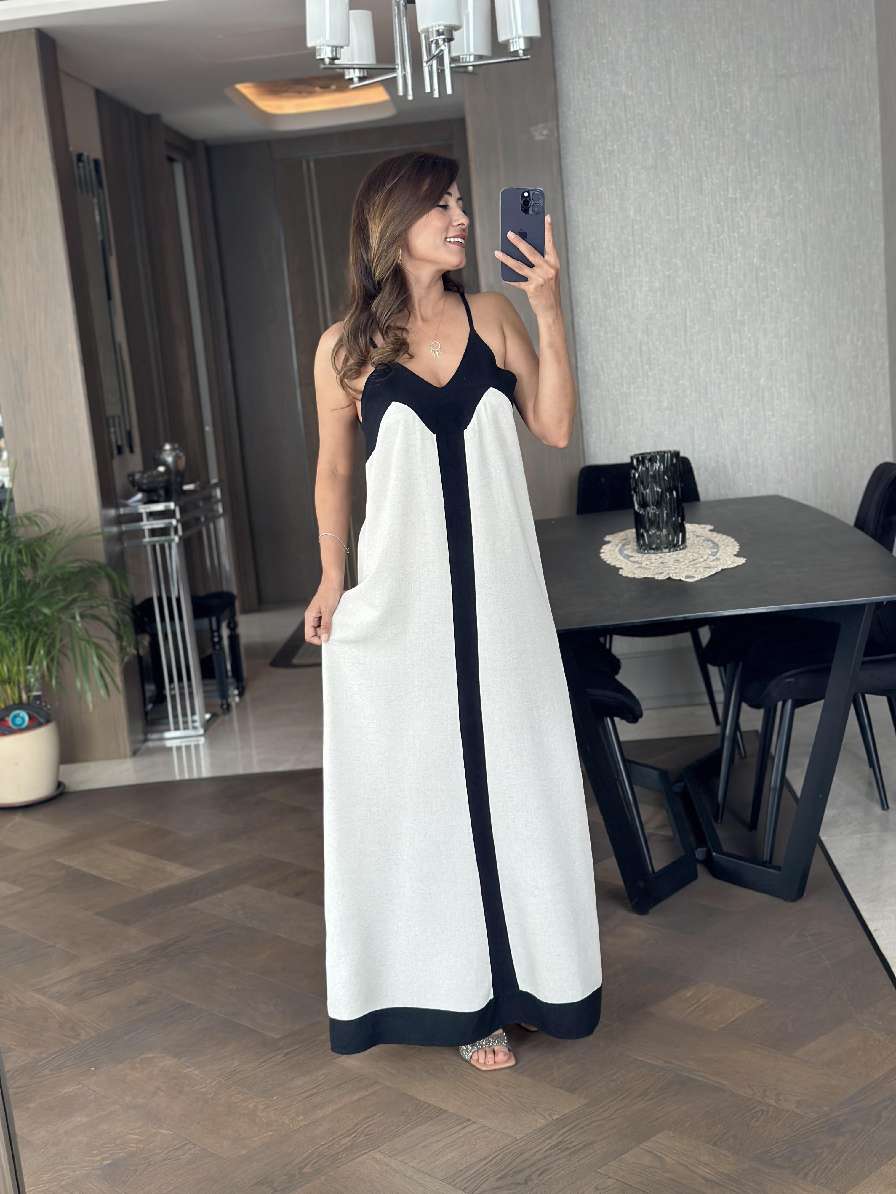 Taş Keten Askılı Kalın Şerit Detay Kadın Elbise 