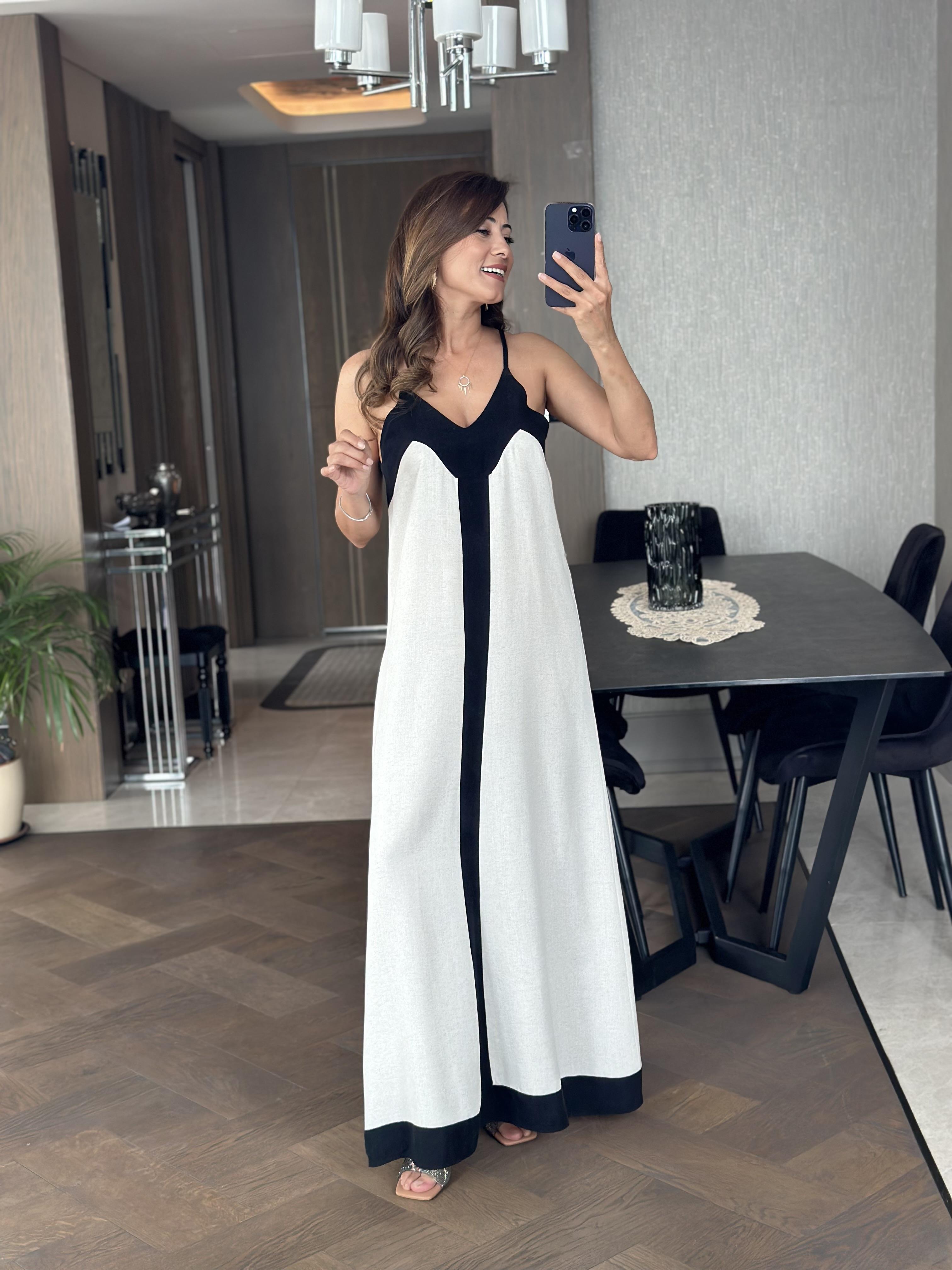 Taş Keten Askılı Kalın Şerit Detay Kadın Elbise 