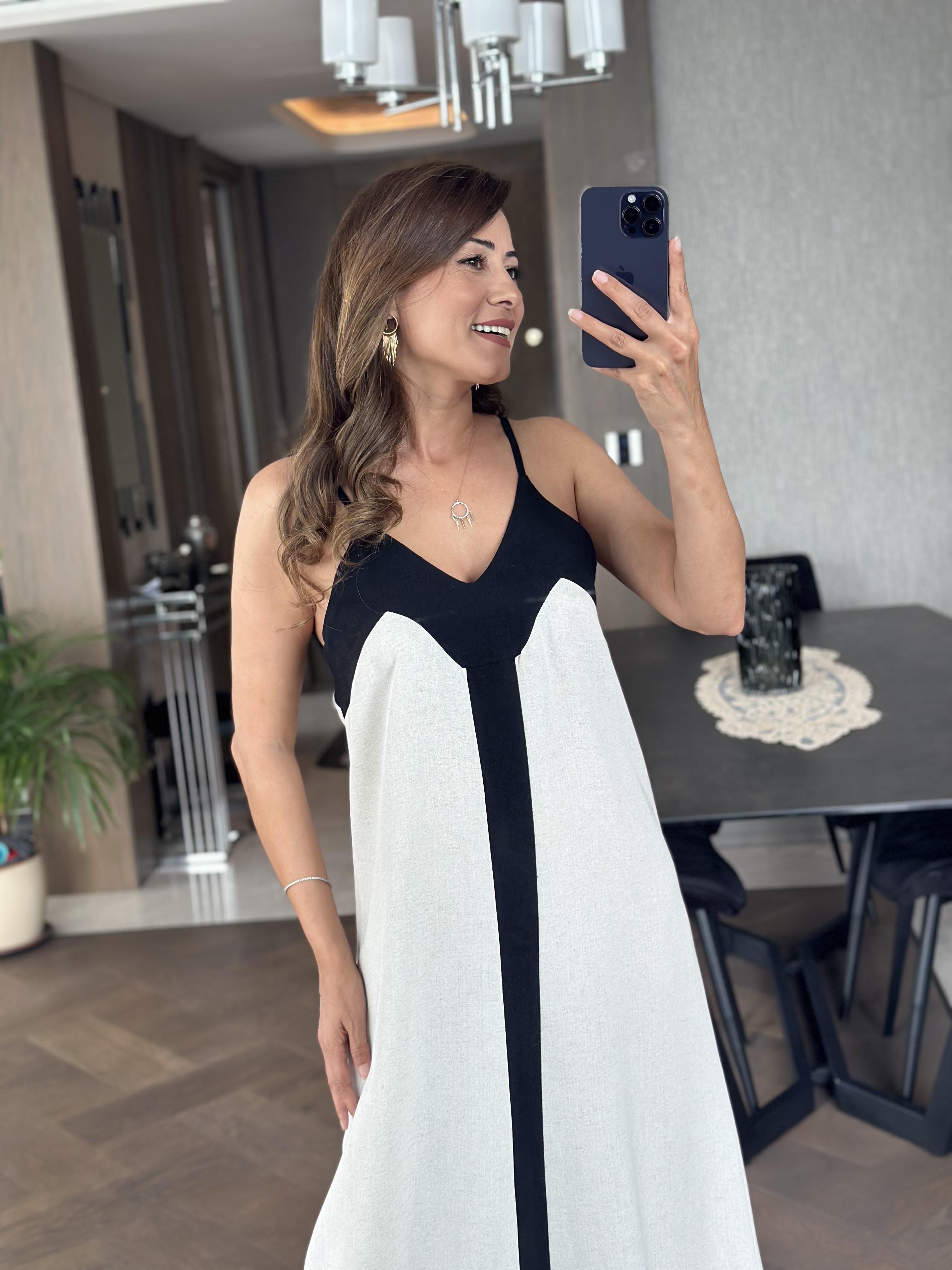 Taş Keten Askılı Kalın Şerit Detay Kadın Elbise 