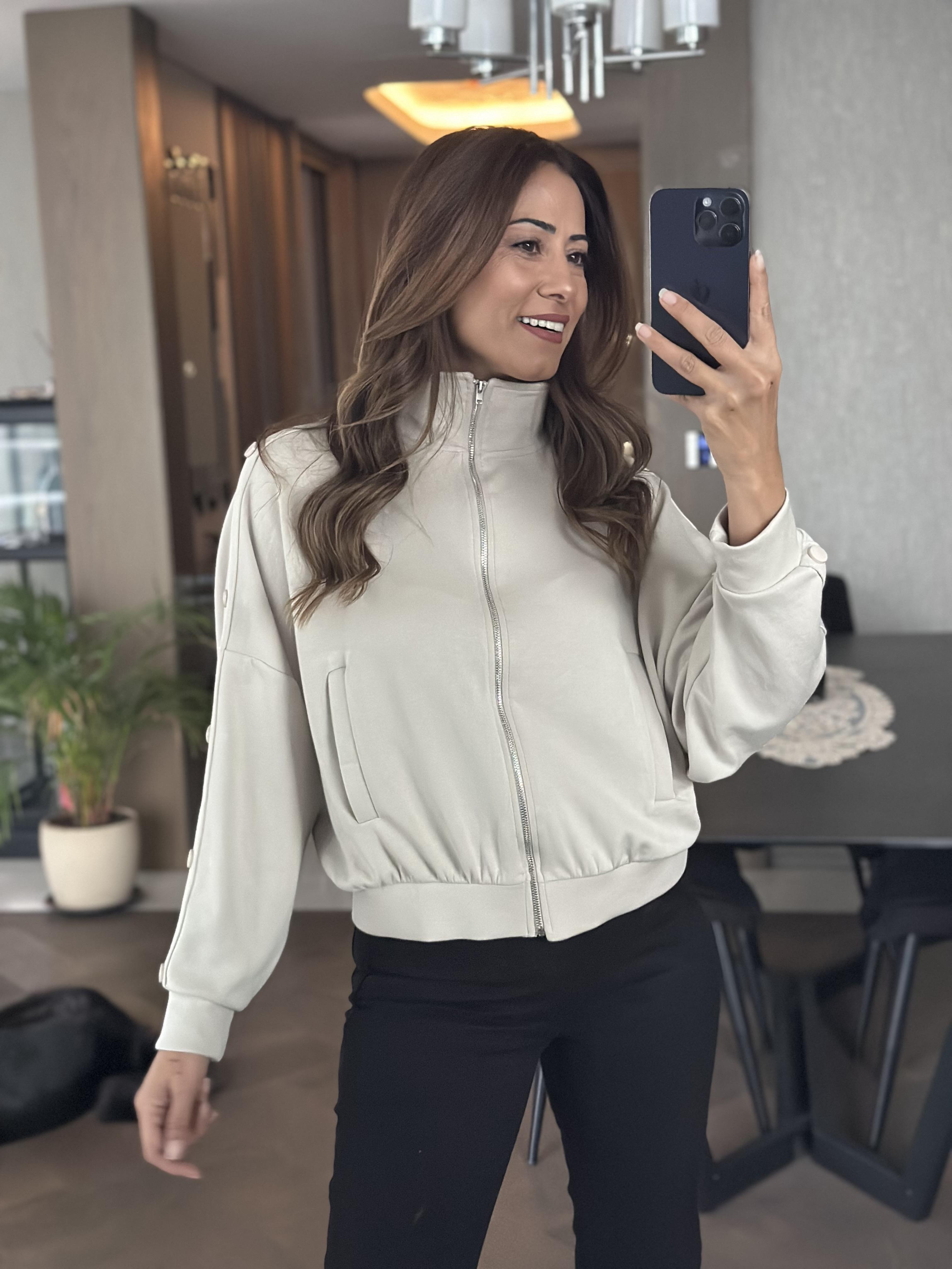 Taş Kolları Çıtçıt Detay Fermuarlı Cepli Kadın Sweatshirt